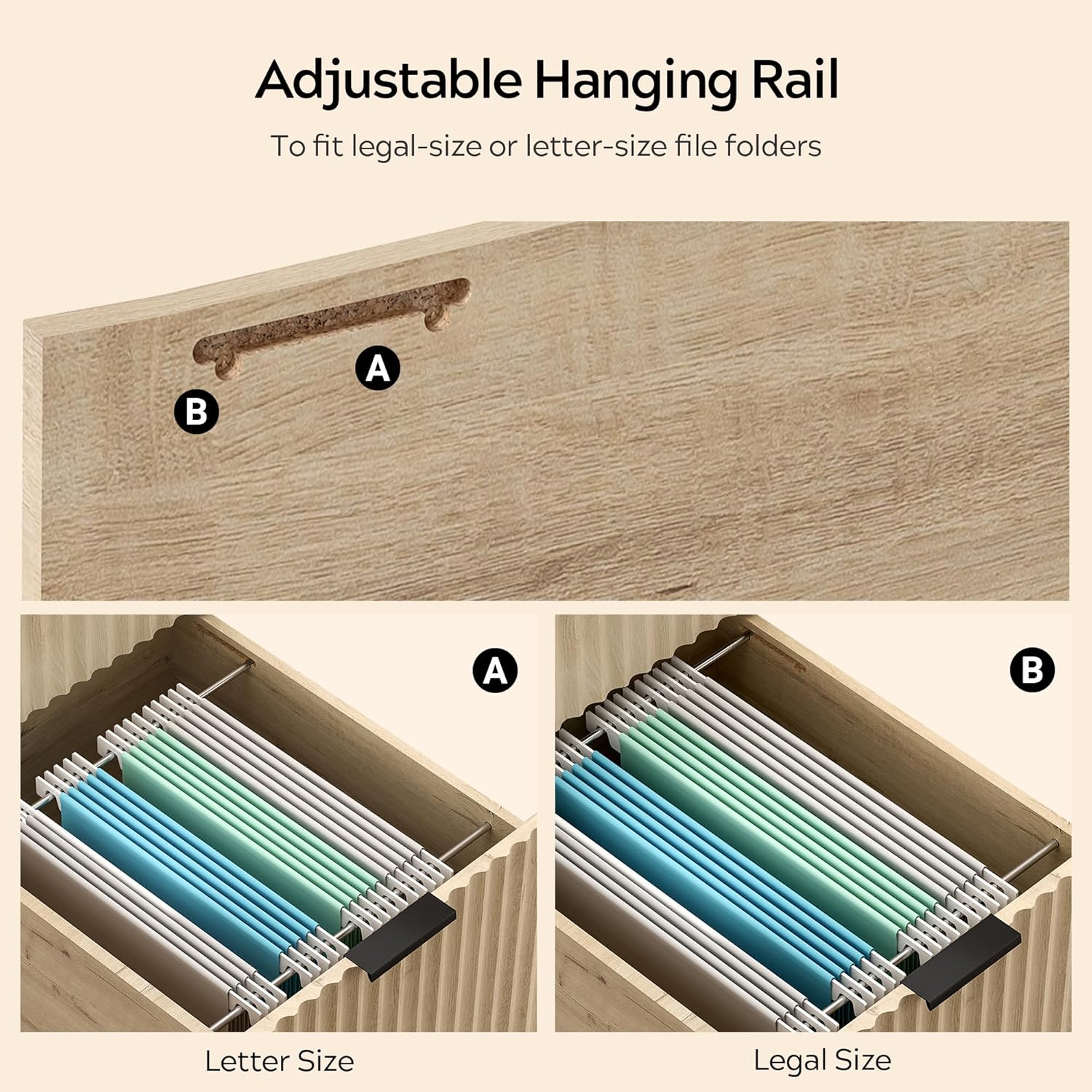 55" Fluted Executive Desk, Modern Home Office Desk with Charging Station, Keyboard Tray, File Drawer, Storage Cabinet for Work Study Writing Desk, Light Oak