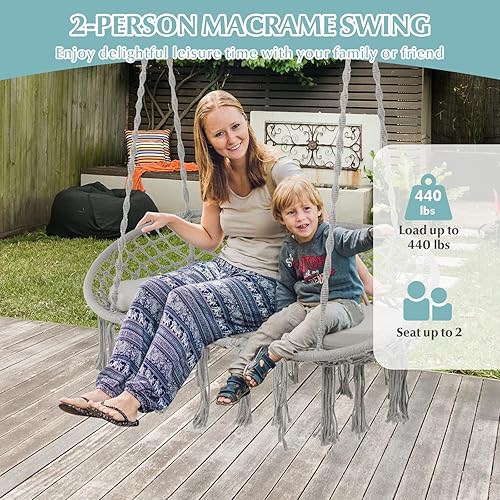Miniatura 5 de Tangkula Silla hamaca para 2 personas hamaca colgante con cojín cuerda de algodón borlas silla colgante de estilo bohemio para dormitorio interior