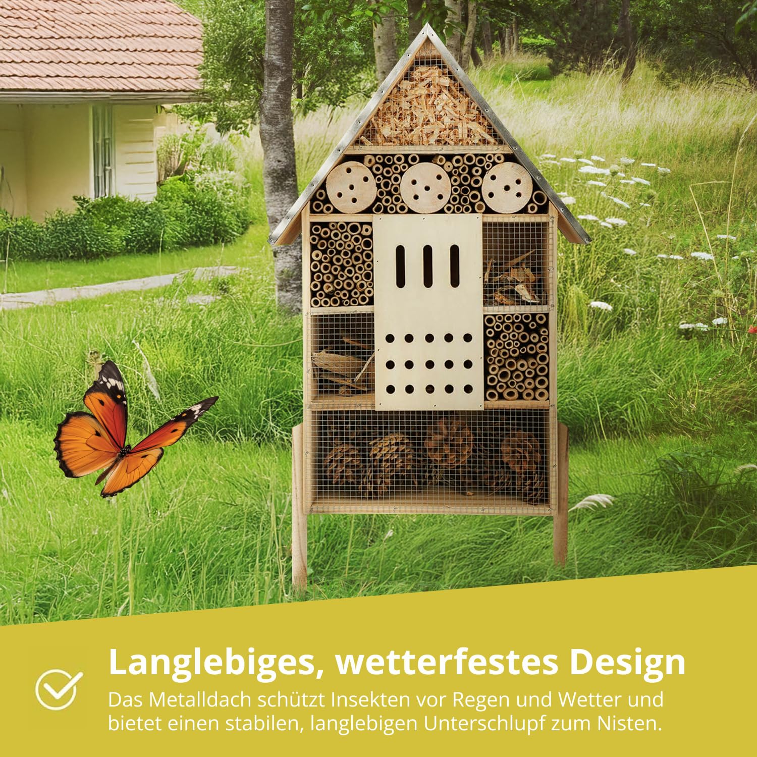 wildlife friend Insektenhotel XXL Stehend - Bienenhotel mit Standfuß 76 cm, Metalldach - Groß Wildbienenhotel - Insektenhaus für Bienen, Marienkäfer & Schmetterlinge | Insektenhotel Bausatz, Holzfarbe