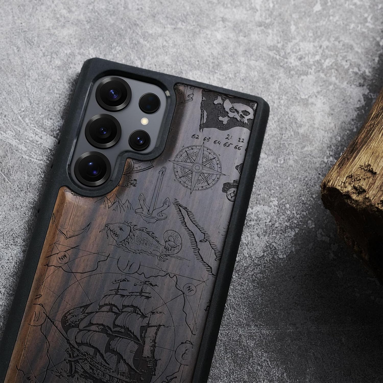 Carveit Magnetic Wooden Case for Samsung Galaxy S25 Ultra Case 2025, TPU Shockproof Cover & Wood Artisan Engraved, Compatible with MagSafe Wireless Chargers (Vintage Pirate Ship) Blackwood