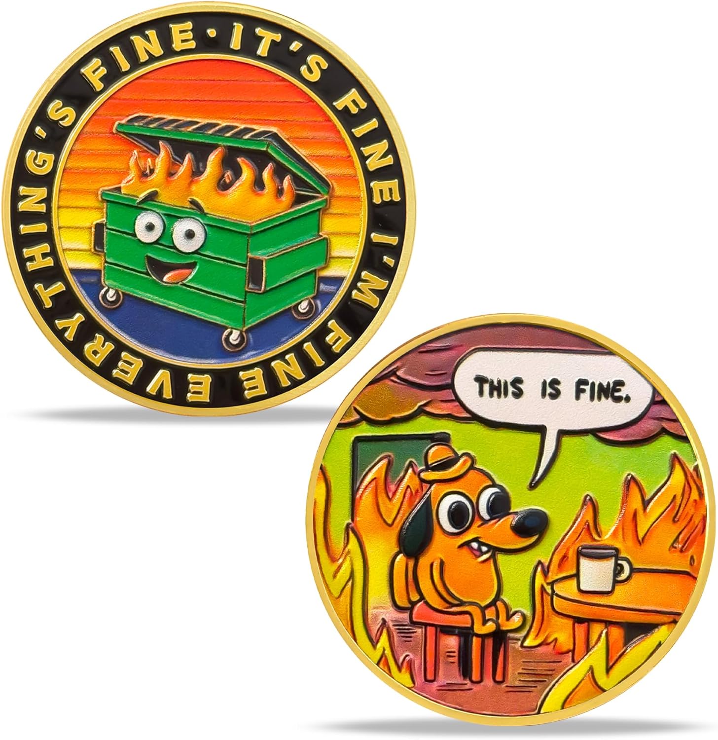 BHealthLife Dumpster Fire Challenge Coin – "This is Fine" Dog Challenge Coin - Hilarious Employee Appreciation Gifts Office Desk Accessory Collectible Job Reward Funny Gifts for Coworker（Golden）