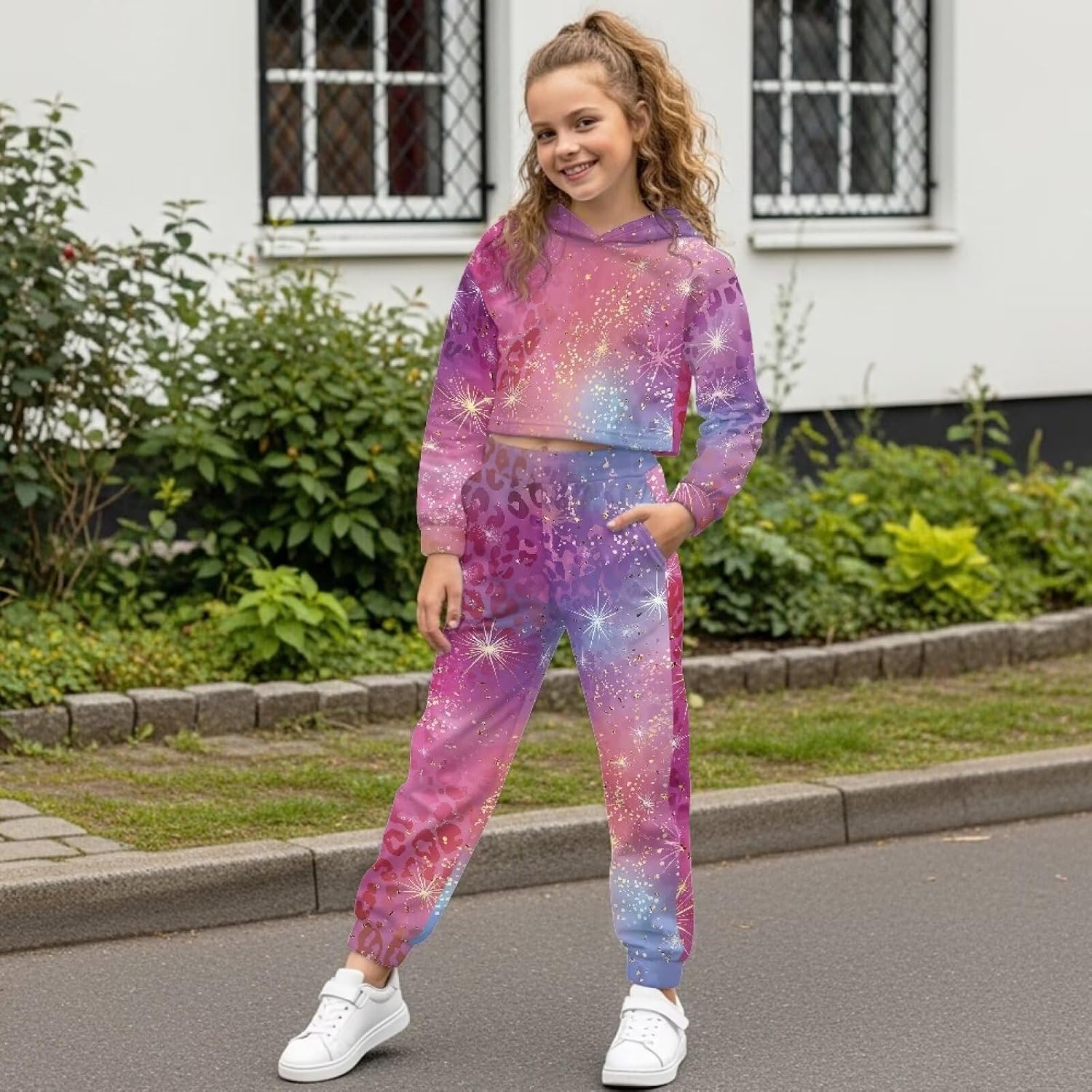 Xoenoiee Girls 2 Piece Outfit Crop Top Hooded Sweatshirt Sweatpants Fashion Clothing Sets Long Sleeve Tracksuits for 4-13Y