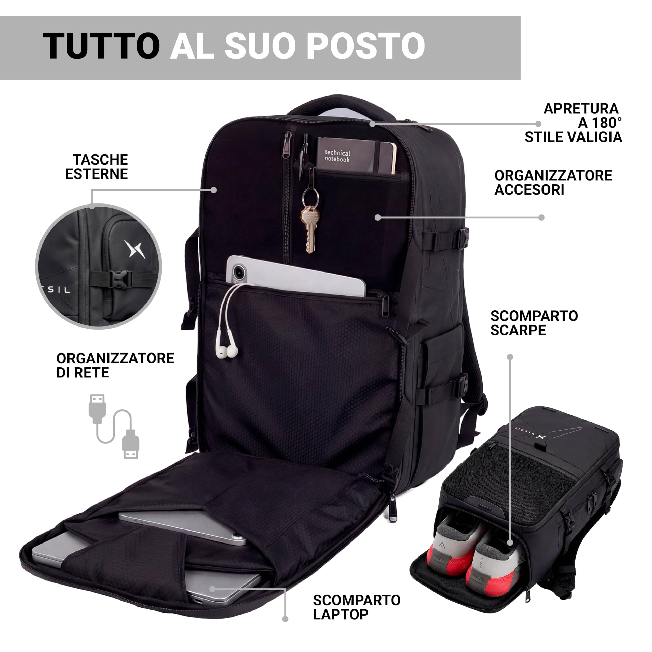 PICSIL Horizon, Zaino Cabina Espandibile 26L-33L, Porta Laptop - Moonless | 47x29x18,5cm impermeabile con porta USB-C. Apertura 18°, scomparto scarpe e tasca PC, ideale per lavoro e viaggi.