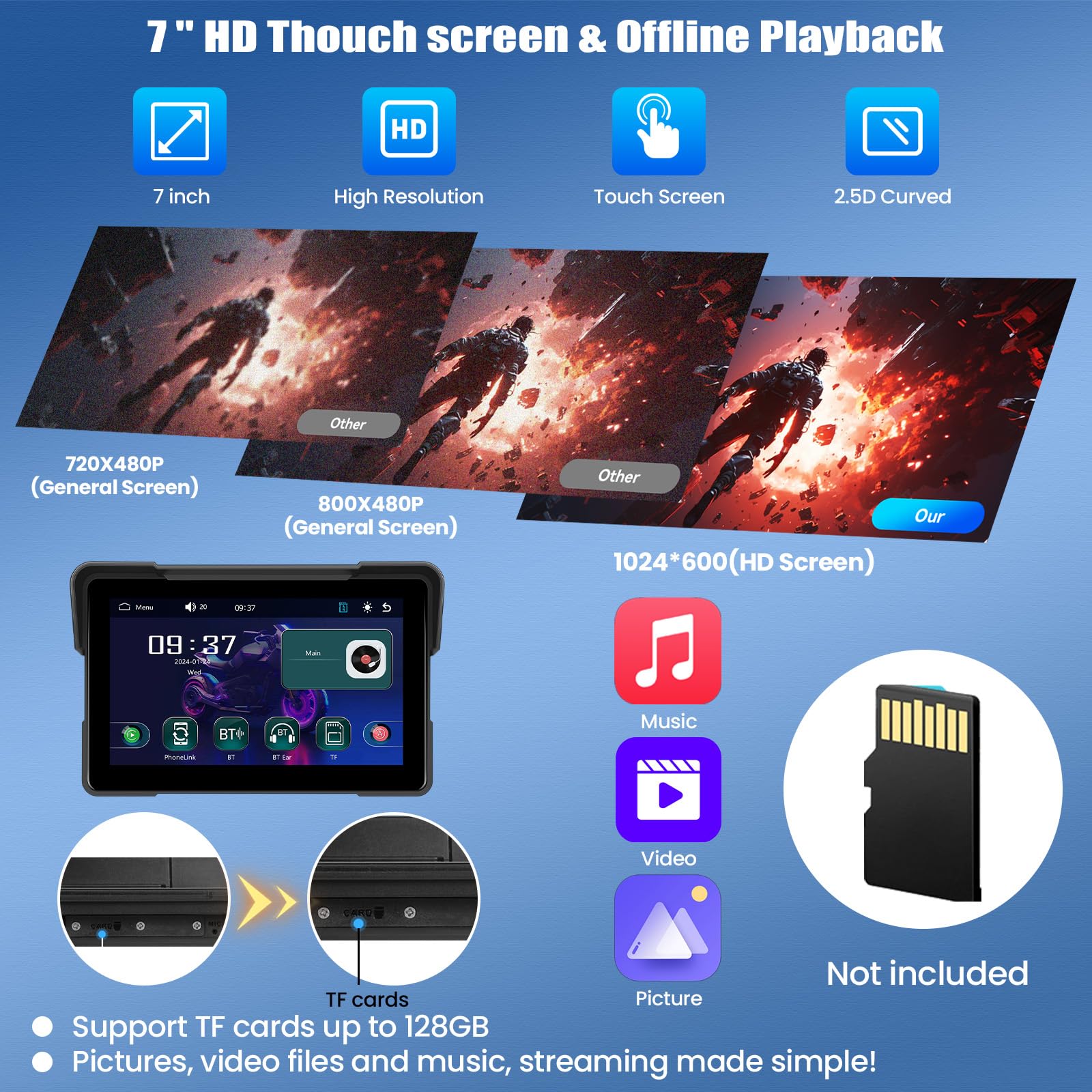 SIXWIN Pantalla Carplay Moto con inalámbrico Carplay Android Auto, 7 Pulgadas con IPx7 Impermeable Táctil Pantalla, Bluetooth, Navegación GPS, Siri y Asistente de G00gle