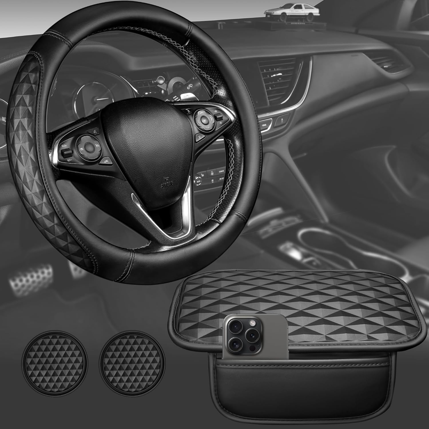 CAR PASS 3D Rhombus Two Front Seats Covers, Leather Steering Wheel Cover, Car Accessories Set, Center Console Armrest Cushion, Cup Coasters, 14.5-15in Car Interior Sets, All Black
