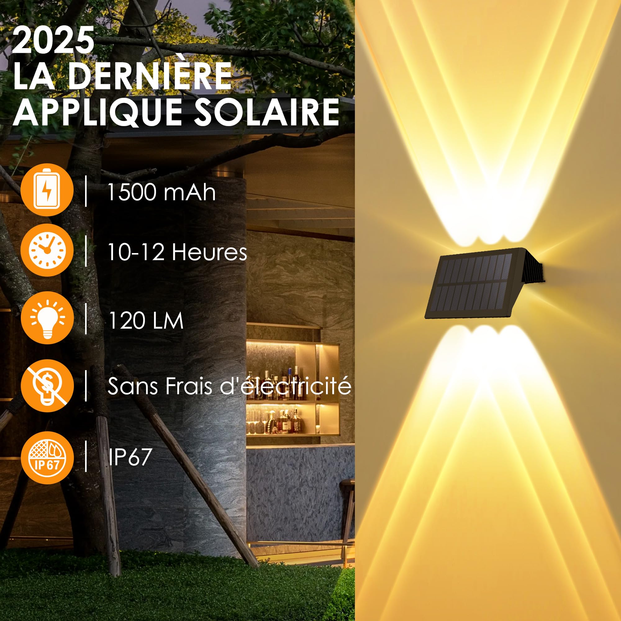 Applique Murale Exterieur Solaire Haut & Bas Lampe Solaire Exterieur Puissante Blanc Chaud LED Eclairage Exterieur Solaire Étanche IP67 Sans fil pour Clôture Jardin 6 Articles