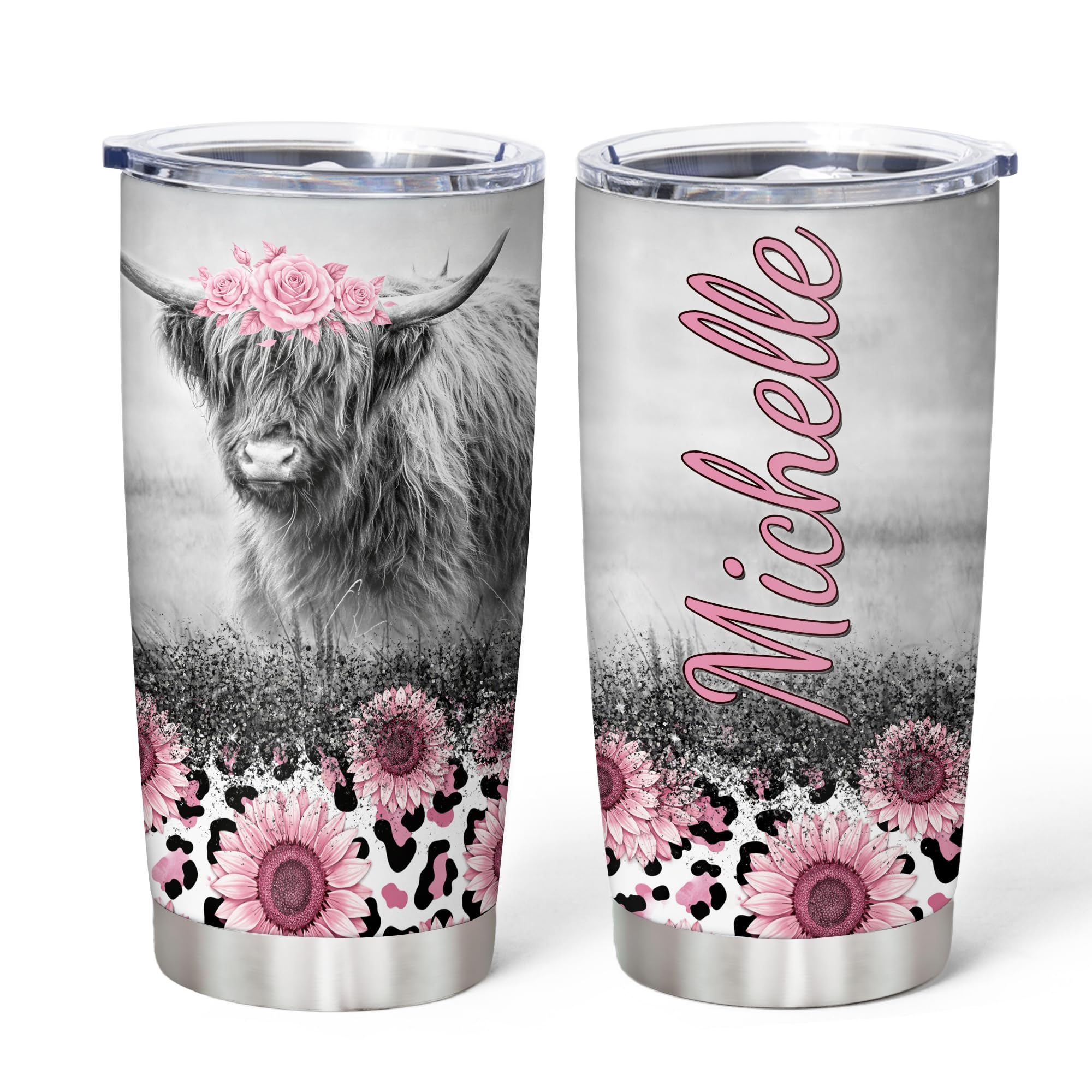 Hyturtle Personalized Gifts For Cow Lover - Birthday Christmas - Highland Cow Print Custom Name Stainless Steel Tumbler 20oz With Straw Lid - Farm Lover Gifts For Her Women Girl Daughter Friend