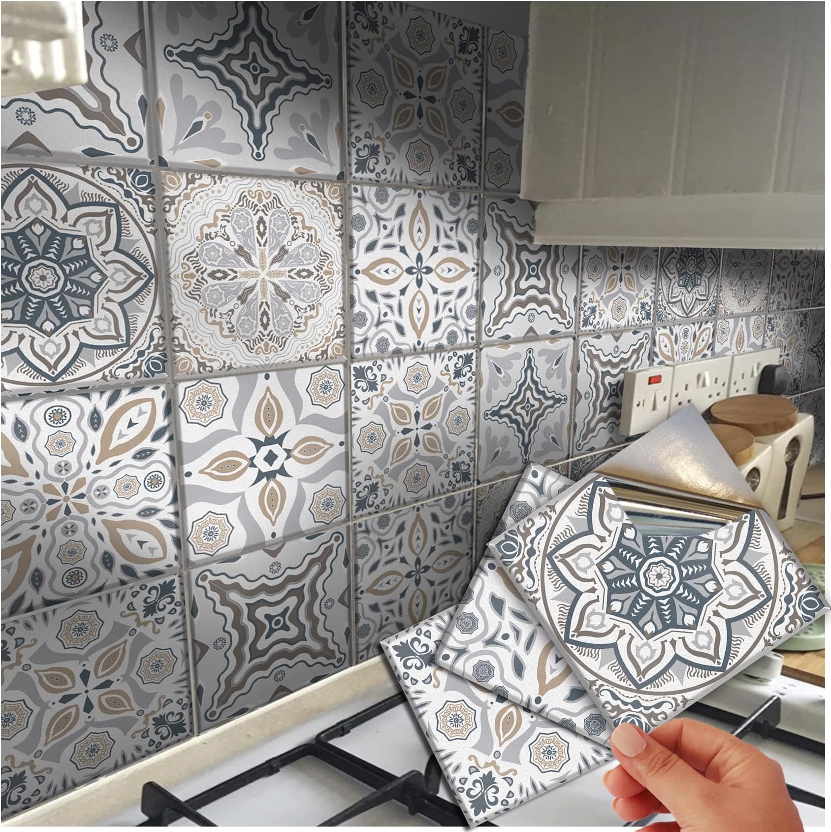 Floor Wall Tile Stickers Kitchen Victorian Mosaic Tile Stickers Transfers 15x15cm 6x6 inch for Floor Wall Kitchen Bathroom Peel and Stick Tile Wood Covers (6" - 1 Sample Sticker)