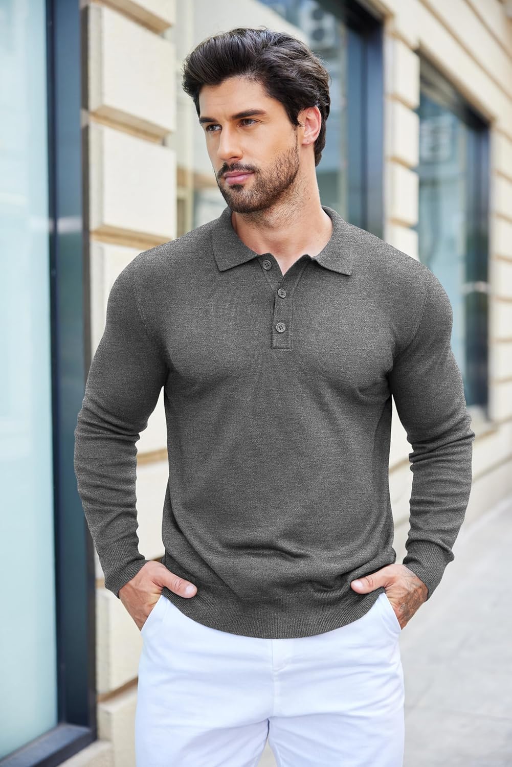 COOFANDY Mens Knit Polo Shirts Casual Long Sleeve Classic Polo Shirts Button Down Golf Shirts - Image 2