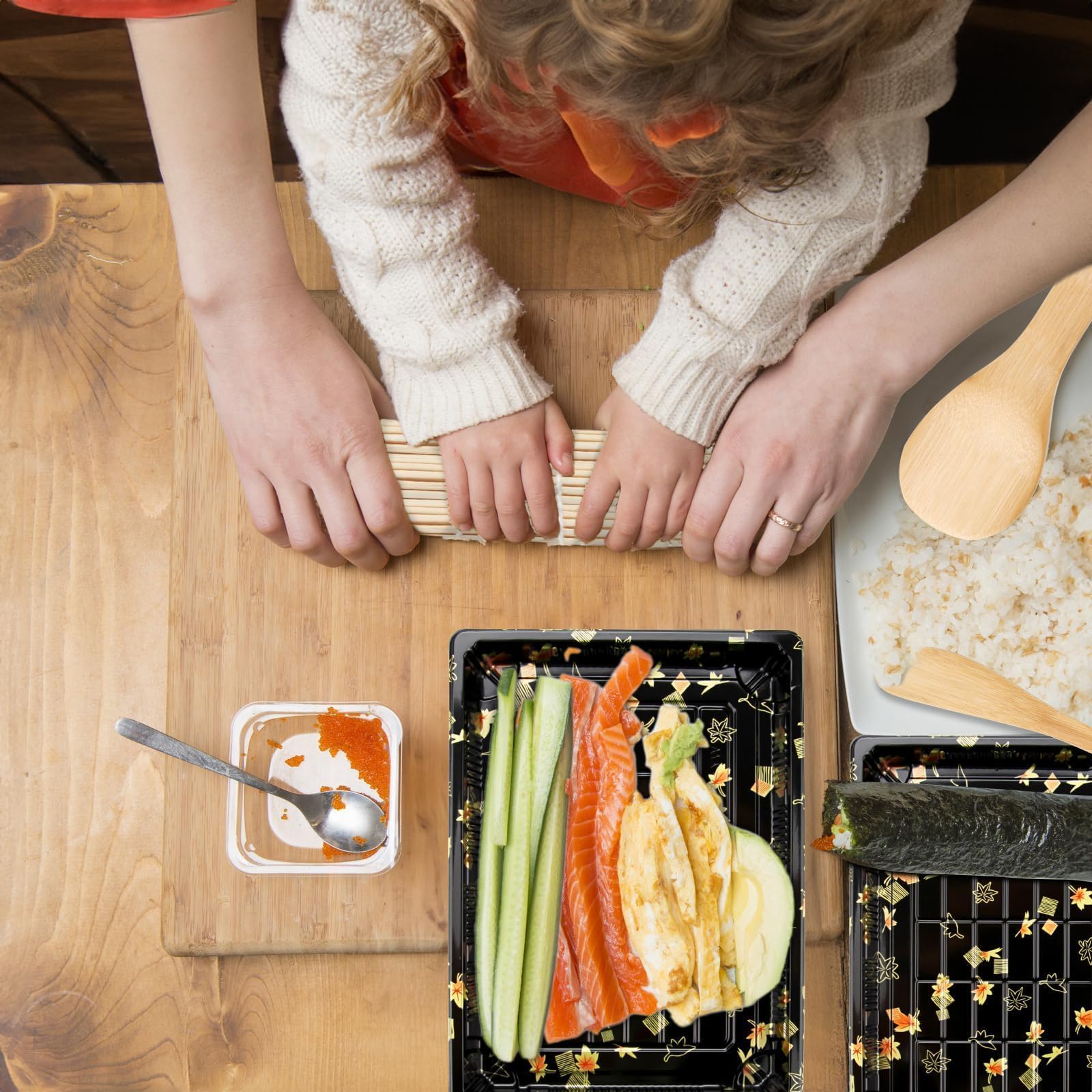 Mbsomnus 20-częściowy Zestaw do Sushi - 12 Półmisek z Pokrywką, Mata Bambusowa, 5 Par Pałeczek, Solniczka Ryżowa i Wiosło - Dla Początkujących