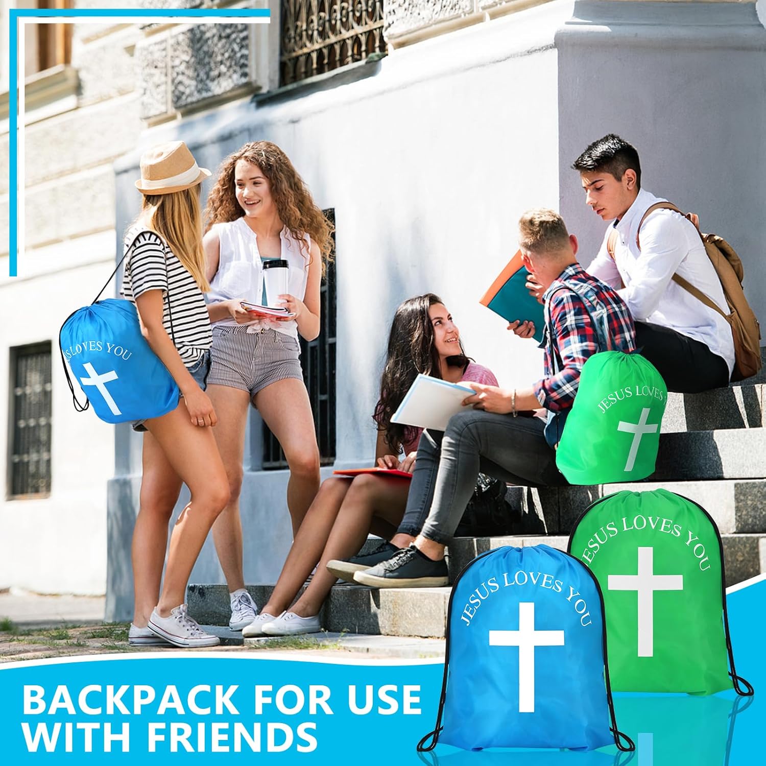 Jesus Loves You Drawstring Backpack Bulk Church School Easter Religious Gift Bag Bible Bag Polyester Backpack for Christian Religion Gift(30 Pcs,Cross)