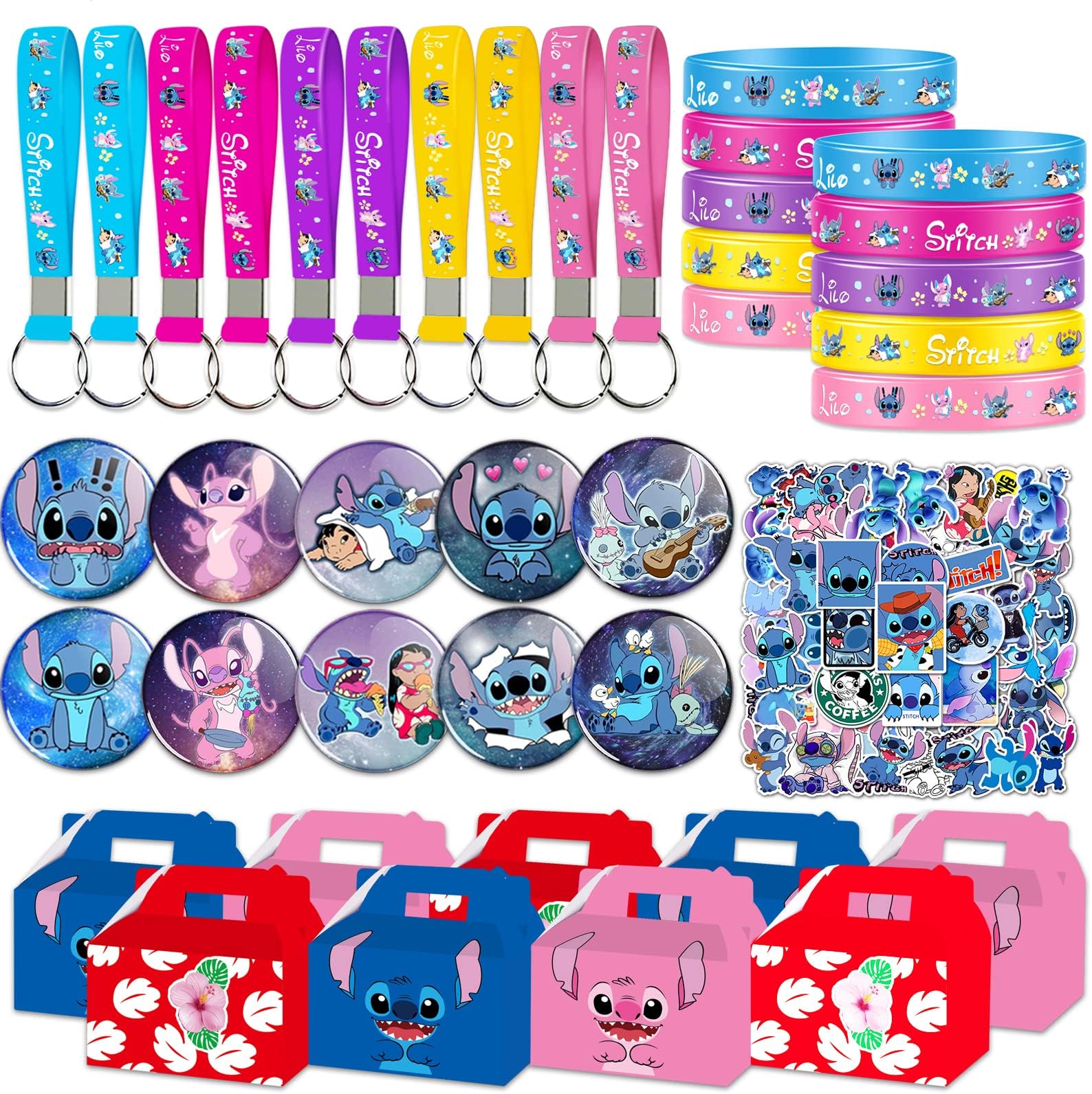 Stitch Party Favor, lilo Birthday Party Supplies Kit Includes 10 Bracelets,10 Keychain, 10 Button Pins, 50 Stickers and 9 Boxes for Stitch Themed Party Decor