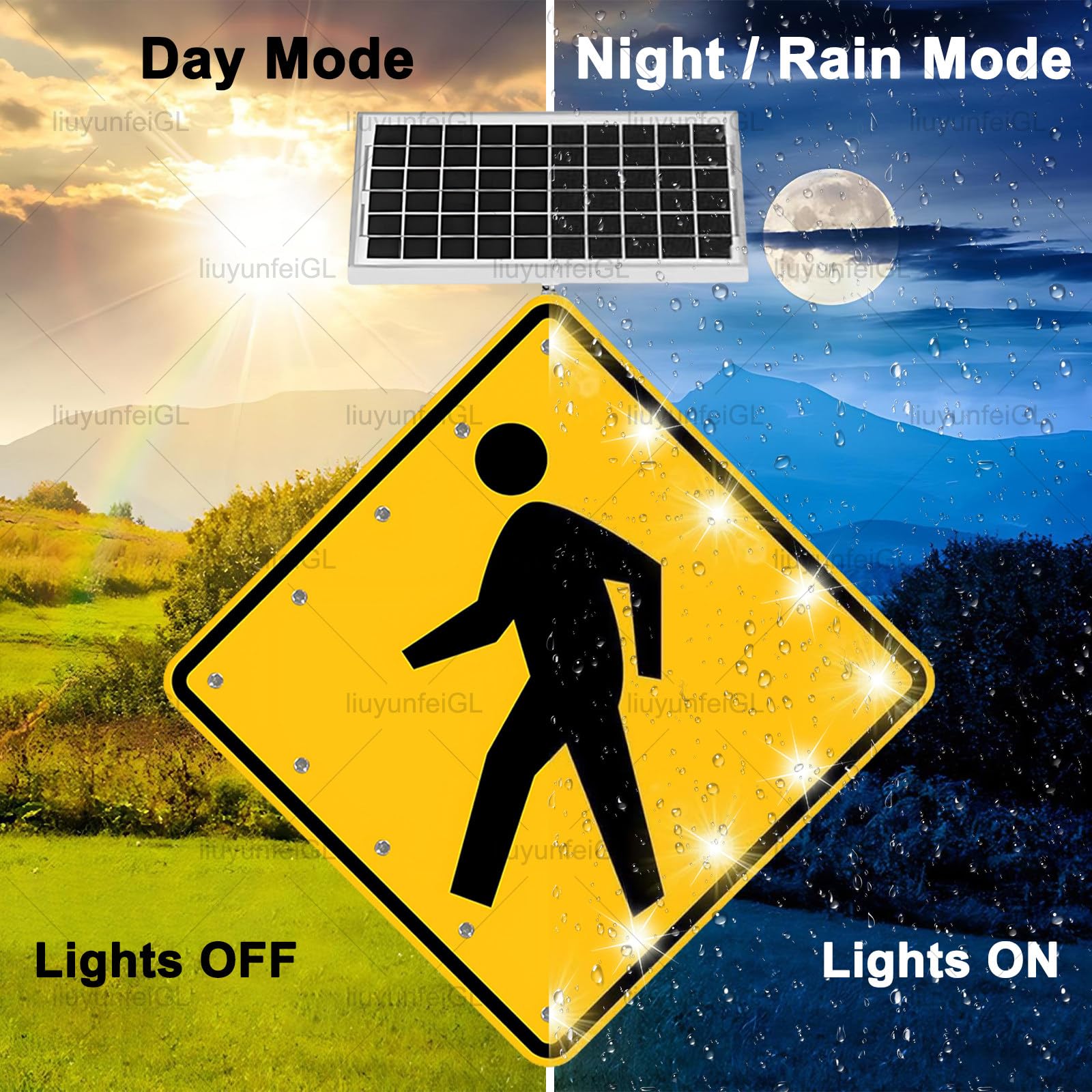 Señal Solar LED Intermitente para Paso de Peatones, 24x24 30x30 Pulgadas IP65 Aluminio Impermeable para Zonas Escolares y Vías Urbanas 24in