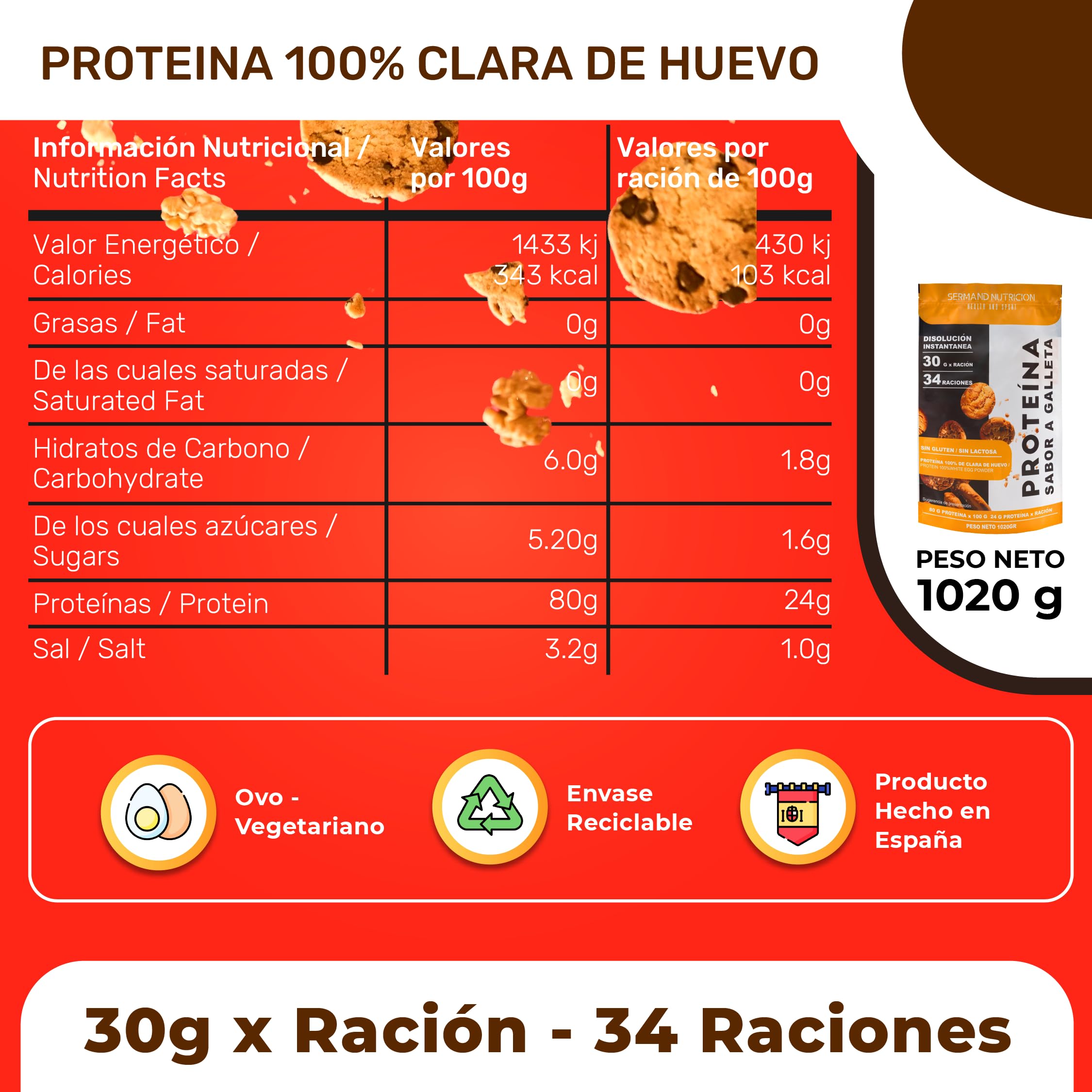 Proteine Istantanee da Albume d’Uovo in Polvere al Gusto Biscotto (1020 g) | Proteine in Polvere Senza Glutine | Per la Massa Muscolare | Senza Lattosio