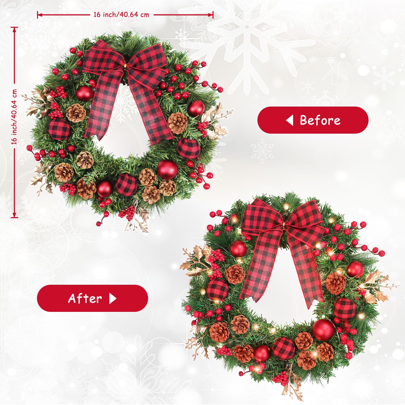40CM Türkranz Weihnachten,Weihnachtskranz Haustür mit 30 LEDs,Weihnachtskranz mit Laterne, Kugeln, Beeren & Schleifen, weihnachtstürkranz, Weihnachten Dekor