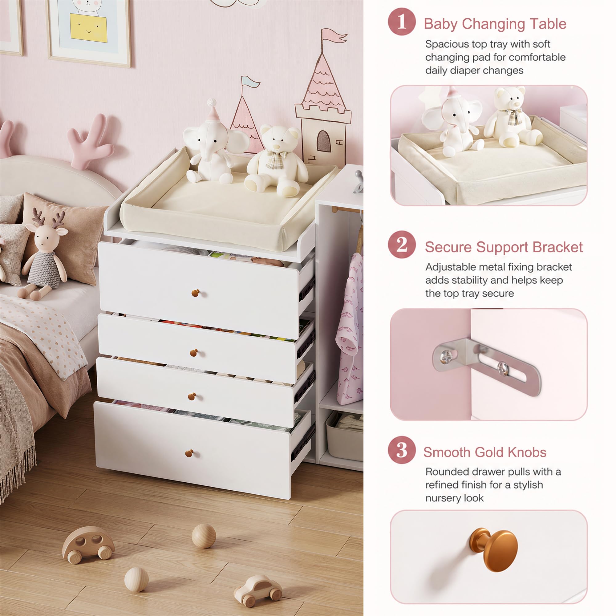 MSFE Cambiador Bebe con 4 Cajones, área para colgar ropa, Mueble Cambiador bebe, Cómoda cambiadors, Estantes laterales,No incluye cojín de mesa, 150x112x38cm, fino a 100KG, Dos paquetes