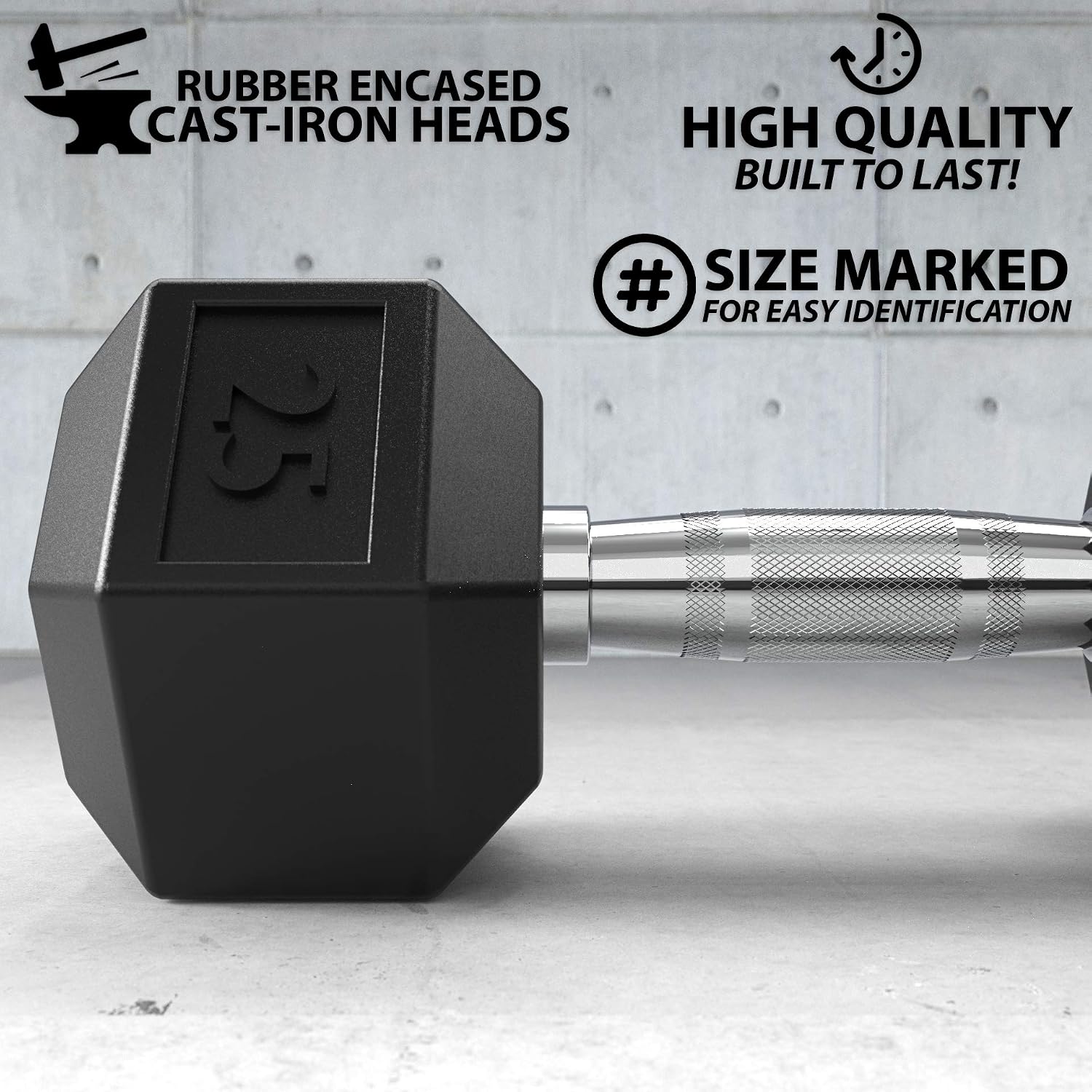 Synergee Rubber Encased Hex Dumbbells with Chrome Handle. Sold Individually All Purpose Weights for Strength & Conditioning Training. Available Size From 2.5 lbs to 50 lbs.