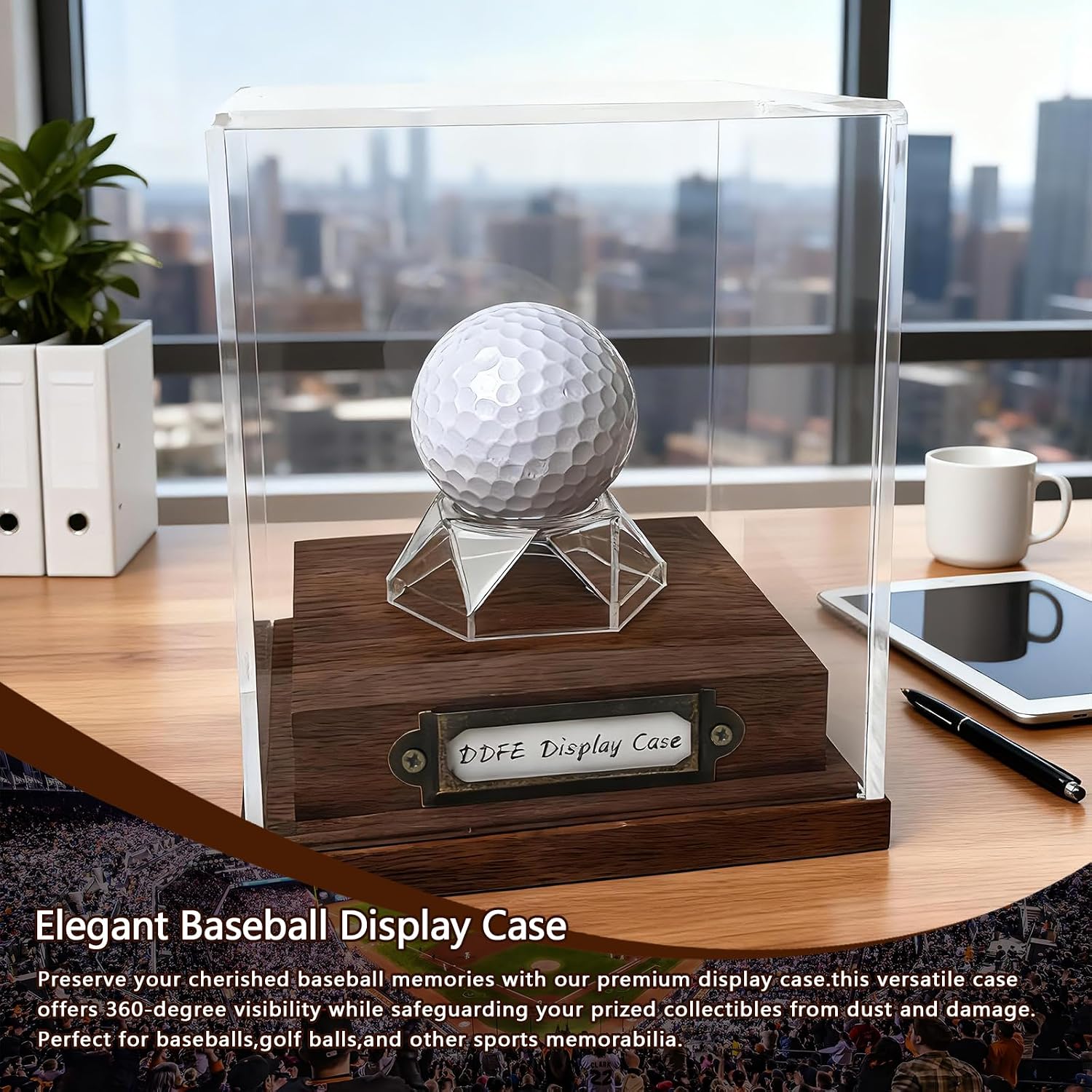 Golf Ball Display Case Walnut Wood Base & Acrylic Holder Dust Protection image 5