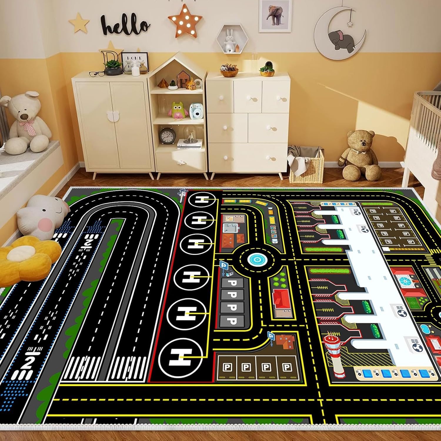 Kids Car Rug Carpet Playmat for Play Toy Cars, 39''x59'' Airplane Road Airport Parking Track Rugs Carpet for Playroom Nursery Classroom Kids Room, Car Rug Play Floor Mat Great Gift for Boy Girl.