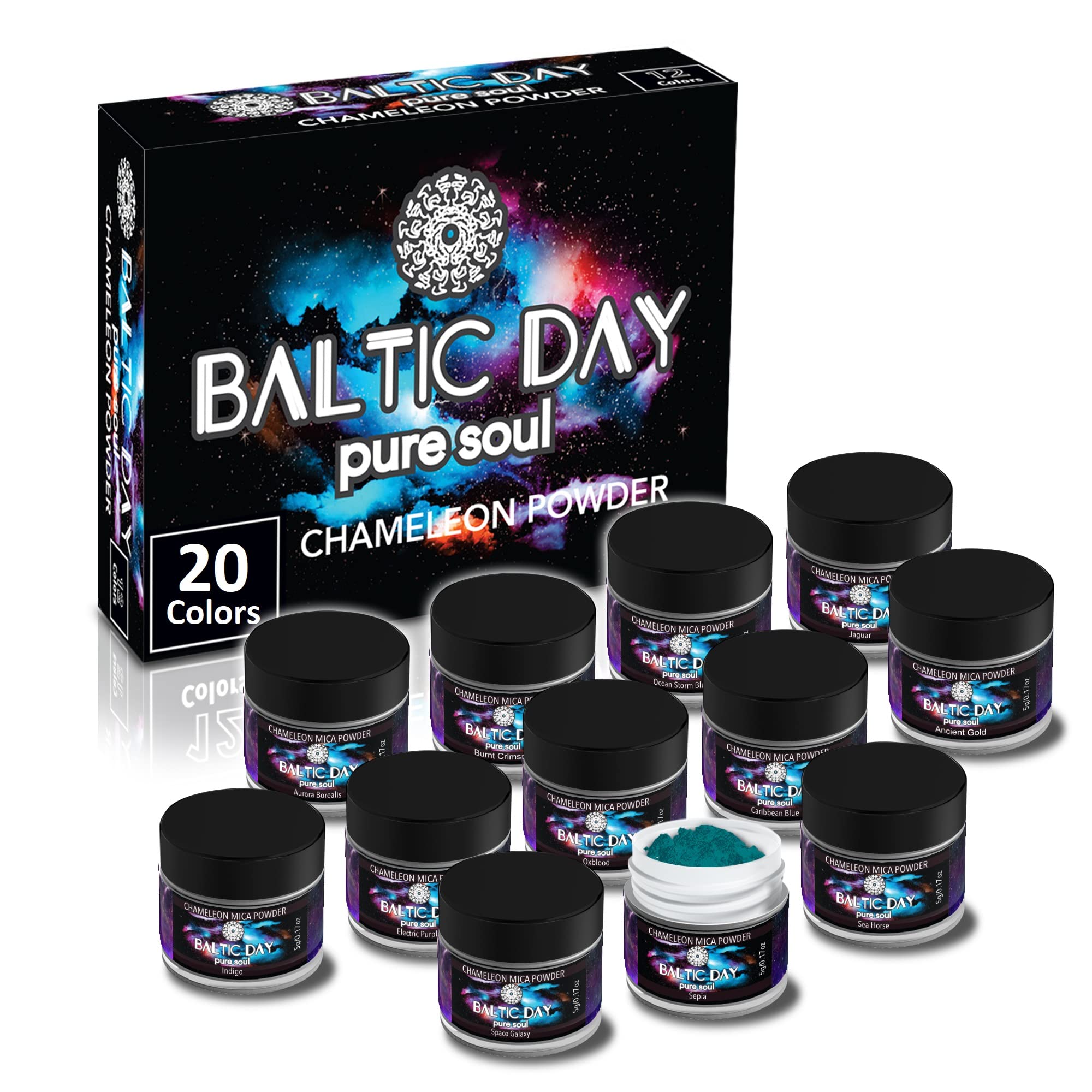 BALTIC DAYChameleon Mica Powder, 20 x 5g Jars of Color Shift Mica Powder Set - Epoxy Resin Color Pigment Powder - Chameleon Powder - Holographic Mica Powder - Resin Pigment
