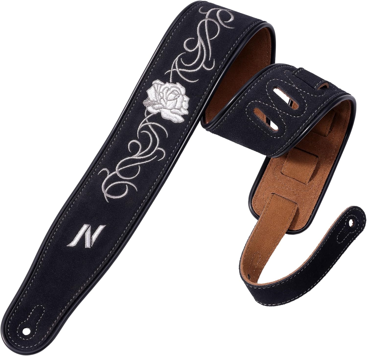 Nefelibata Guitar Strap with Vintage Rose Embroidery, 2.7" Wide Double Layer Bavarian Tumbled Cowhide Guitar Strap with Foam Padding for Kids, Male and Female Acoustic, Bass and Electric Guitars