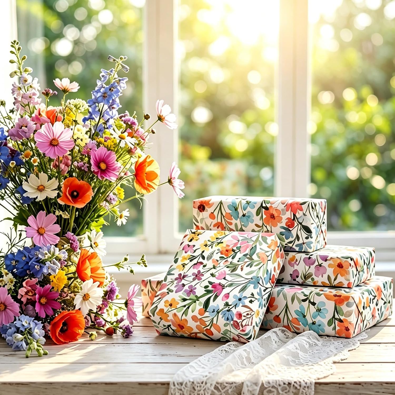 FYSUIMU Floral Wrapping Paper Watercolor Spring Flower Gift Wrap Colorful Wildflower DIY Art Crafts Paper Mini Roll for Wedding Birthday Baby Shower Party, 17In x 32.8Ft