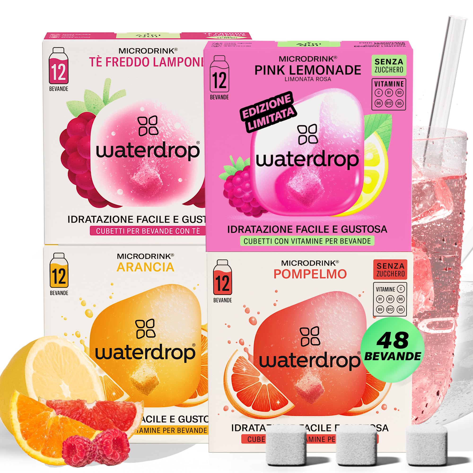 waterdrop® Limonata Set - 48 cubetti per insaporitore acqua senza zucchero - Alternativa allo borraccia con gusti e sciroppo - waterdrop cubetti per acqua aromatiche per 96 bevande acqua aromatizzata