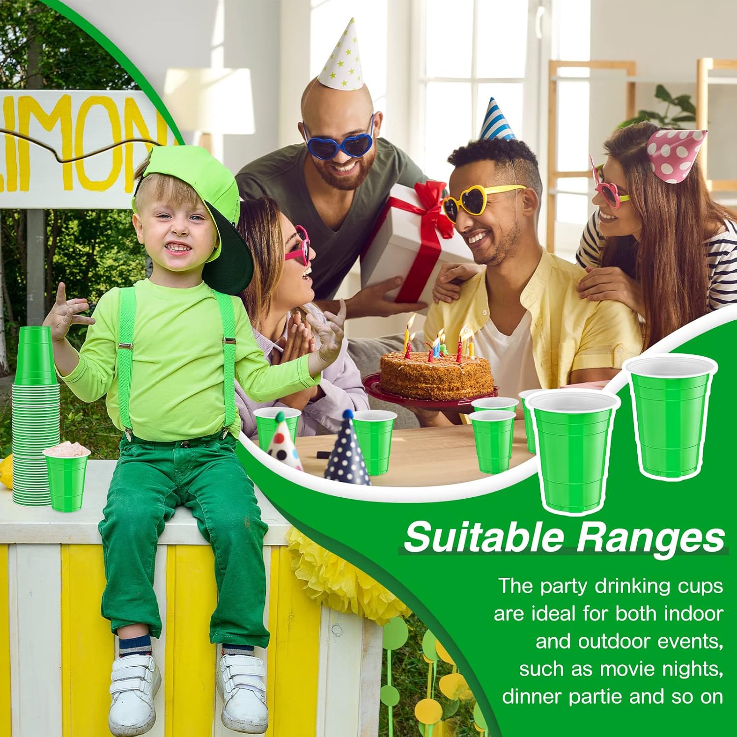 Lounsweer 100 Pcs Graduation 16 oz Disposable Party Cups Plastic Heavy Duty Drinking Water Cups for Birthday Baby Shower Wedding BBQ Picnic Party Supplies(Green)