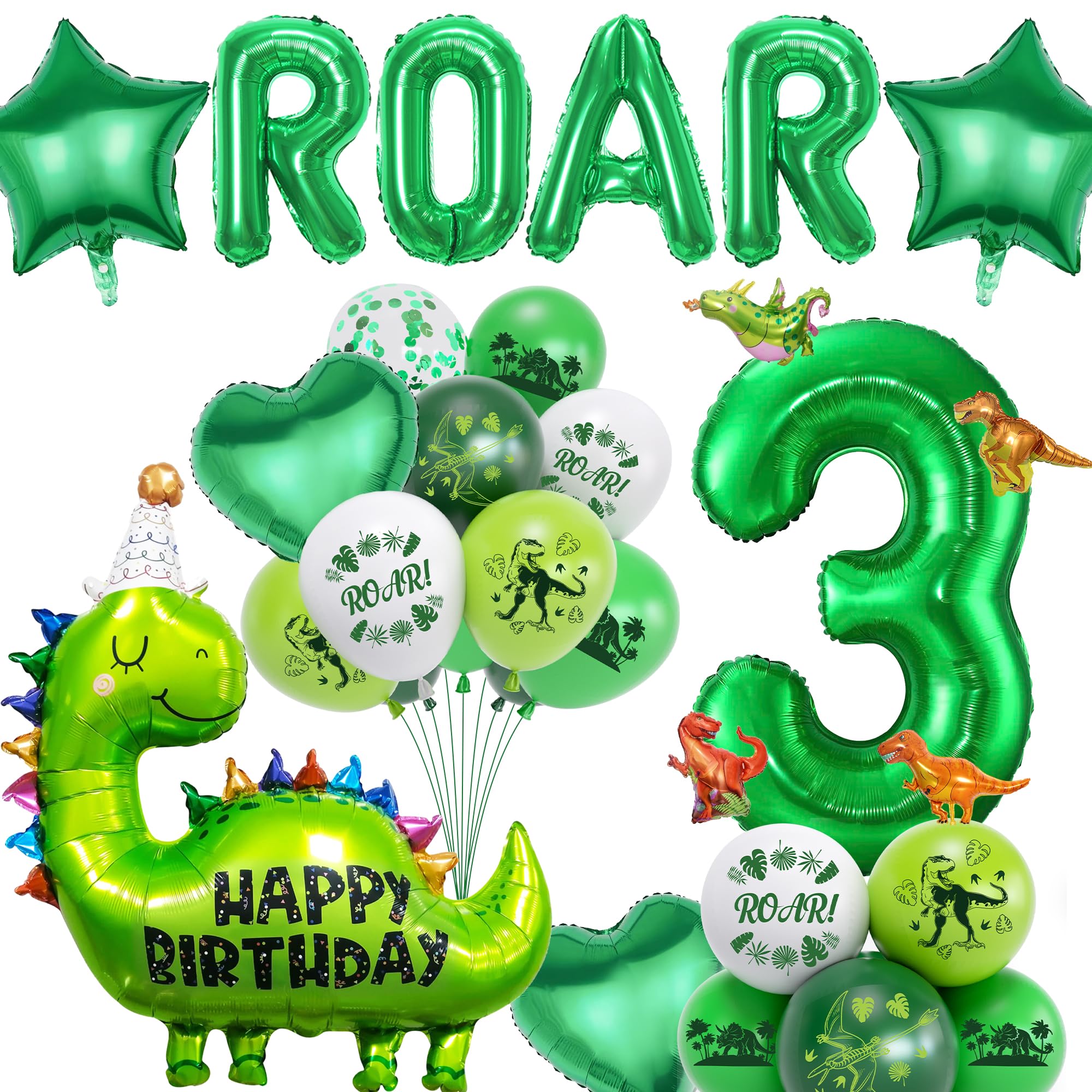 Dinosaur 3rd Birthday Decorations for Boys - 29 Pieces Dino Balloons Party Supplies Green Include Number Foil Balloon, Happy Birthday Decoration for 3