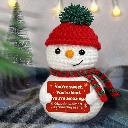 Krinisou Crochet Snowman Gift – Cute Handmade Winter Snowman Decor, Funny Small Positive Gifts for Friends Coworkers, You’re Amazing Gift for Women