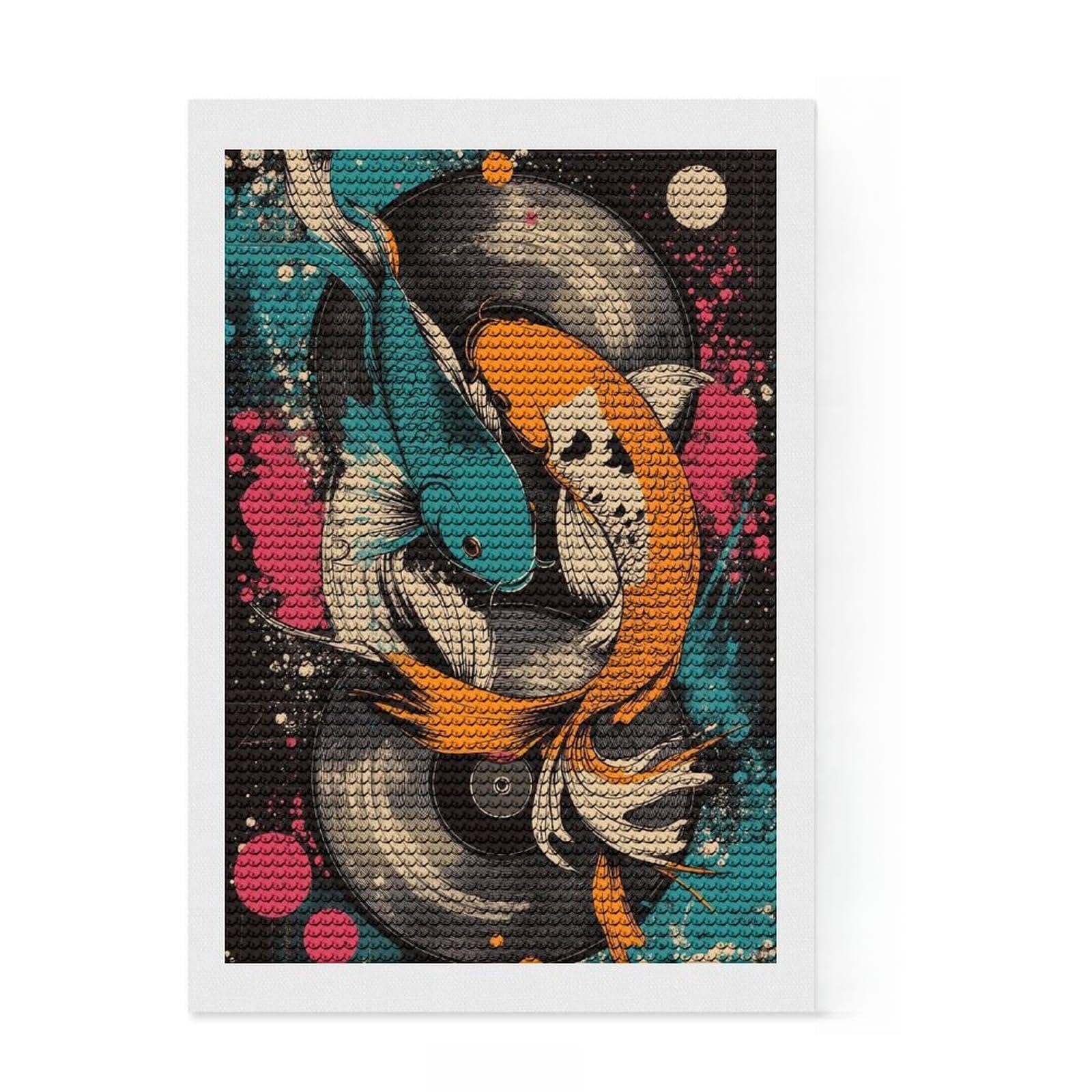 Junmoney Koi Fish Vinyl Art Yin Yang Koi Fish Vibrant Abstract Design Diamond Painting Set 8"x12", for Adults, Home Wall Decor, Easy to Enjoy, Christmas Gift, Nice Detail and Sparkle