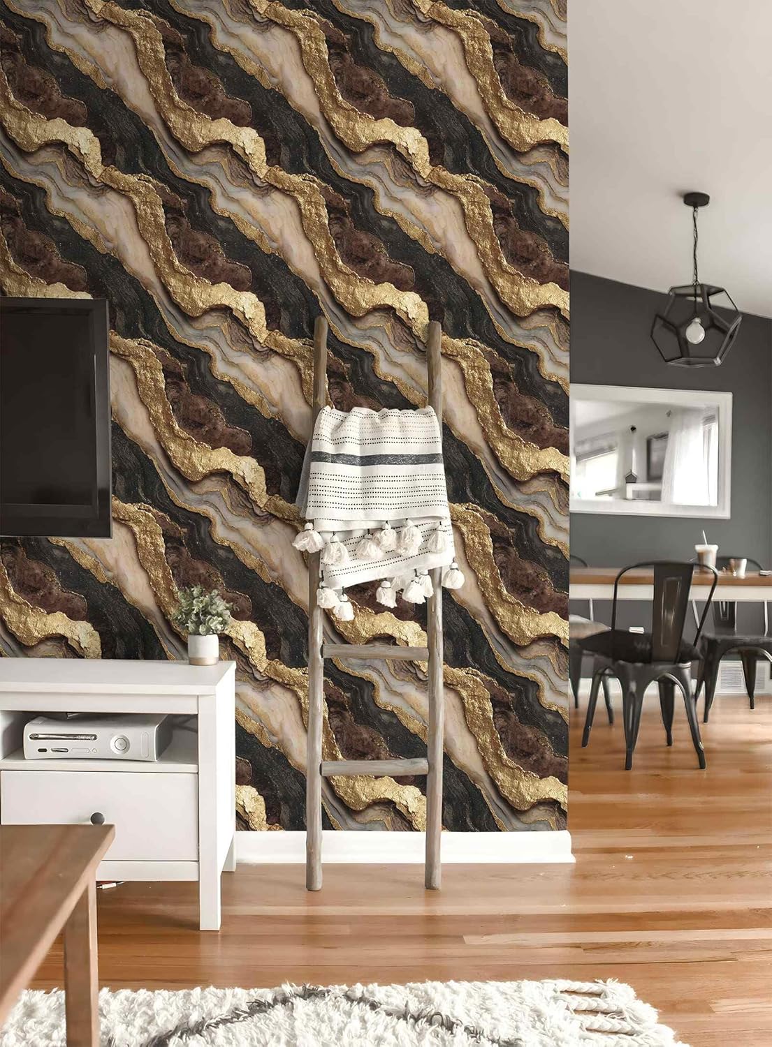 Black and Gold Marble Contact Peel and Stick Wallpaper, Modern Abstract Stone Texture Wall Decor Renter Friendly Wall Paper | 17.7" x 118", Self-Adhesive, Waterproof Vinyl