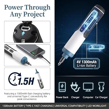 Hantinstom 3.7V Cordless Electric Screwdriver Kit, Rechargeable Power Screwdriver with 26-Piece Magnetic Bit Set, Dual LED Light, USB Charging Cable & Carrying Case