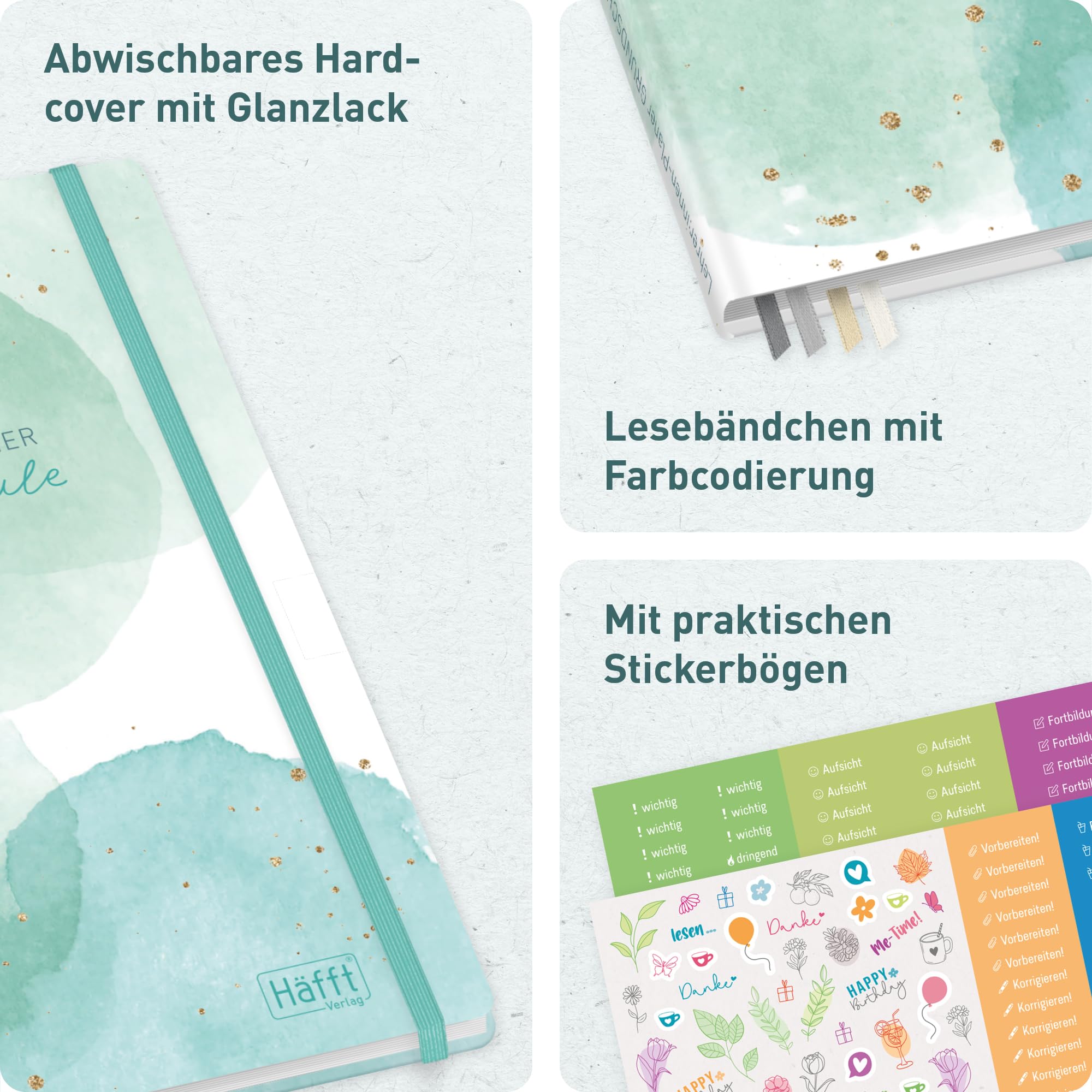 Häfft® Lehrerplaner Grundschule 2026/2027 im A4+ Format Hardcover - Schuljahr 12 Monate (Aug 26 - Jul 27) Lehrerkalender & Unterrichtsplaner für Klasse 1–4 "Watercolor Dots"