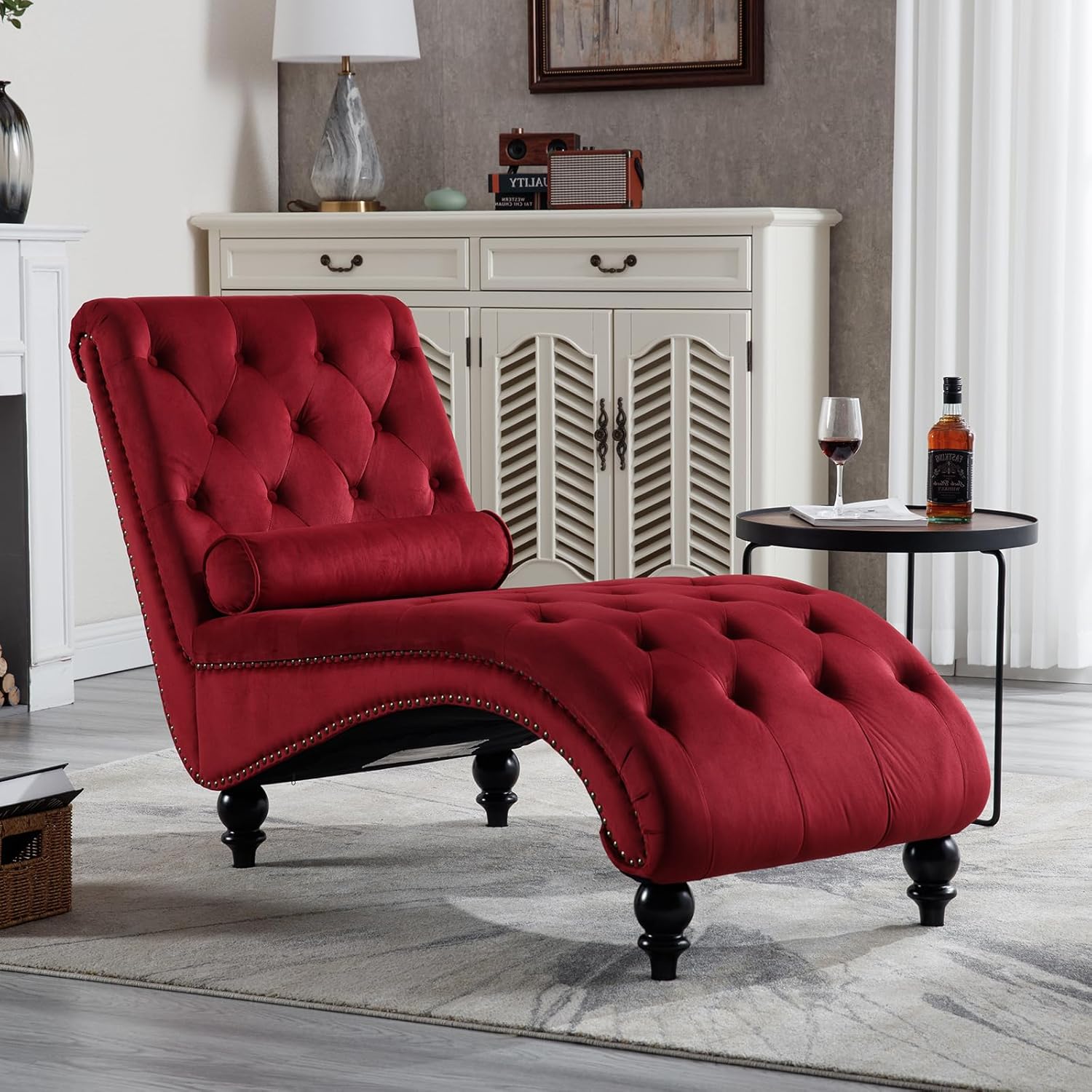 Tufted Chaise Lounge Chair Indoor, Velvet Chaise Lounges with Solid Wood Legs & Support Pillow, Upholstered Couch for Bedroom Living Room Office, Leisure Sofa Recliner(RED)
