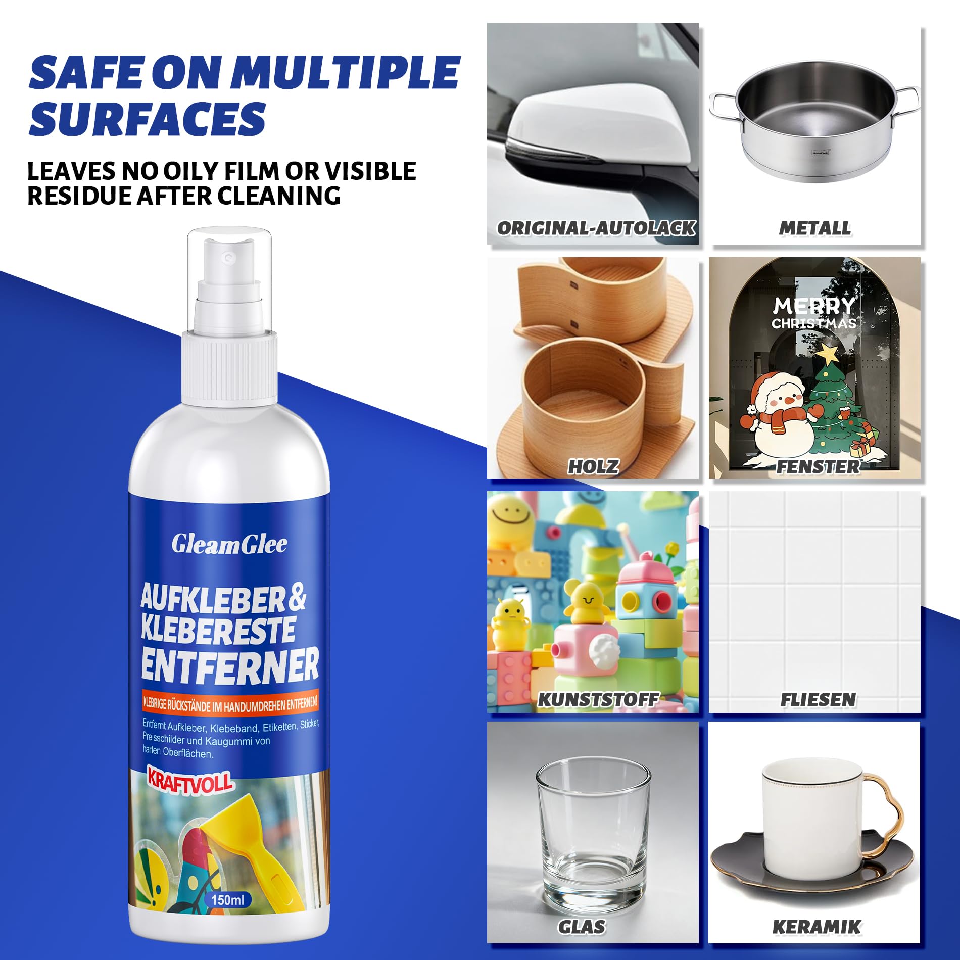 Klebstoffentferner Spray 150 ml – Profi Klebereste & Etikettenentferner für Aufkleber, Silikon, Fett, Harz & Wachsrückstände – Geeignet für Glas, Metall, Kunststoff, Holz – mit Schaber