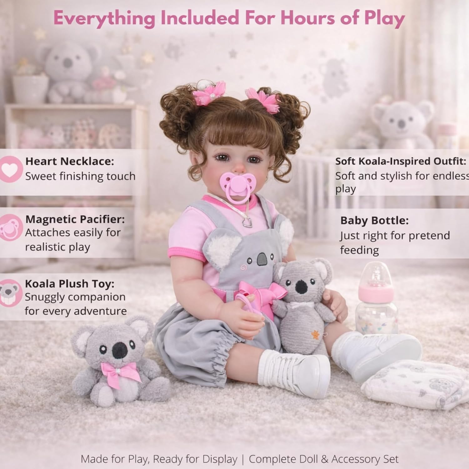 Koala Cuddles – 22” Realistic Reborn Toddler Girl Doll with Rooted Hair, 3D Hand-Painted Face & Full Soft Vinyl Body – Pink & Gray Outfit, Plush Animal, Pacifier, Bottle & Accessories – Ages 3+