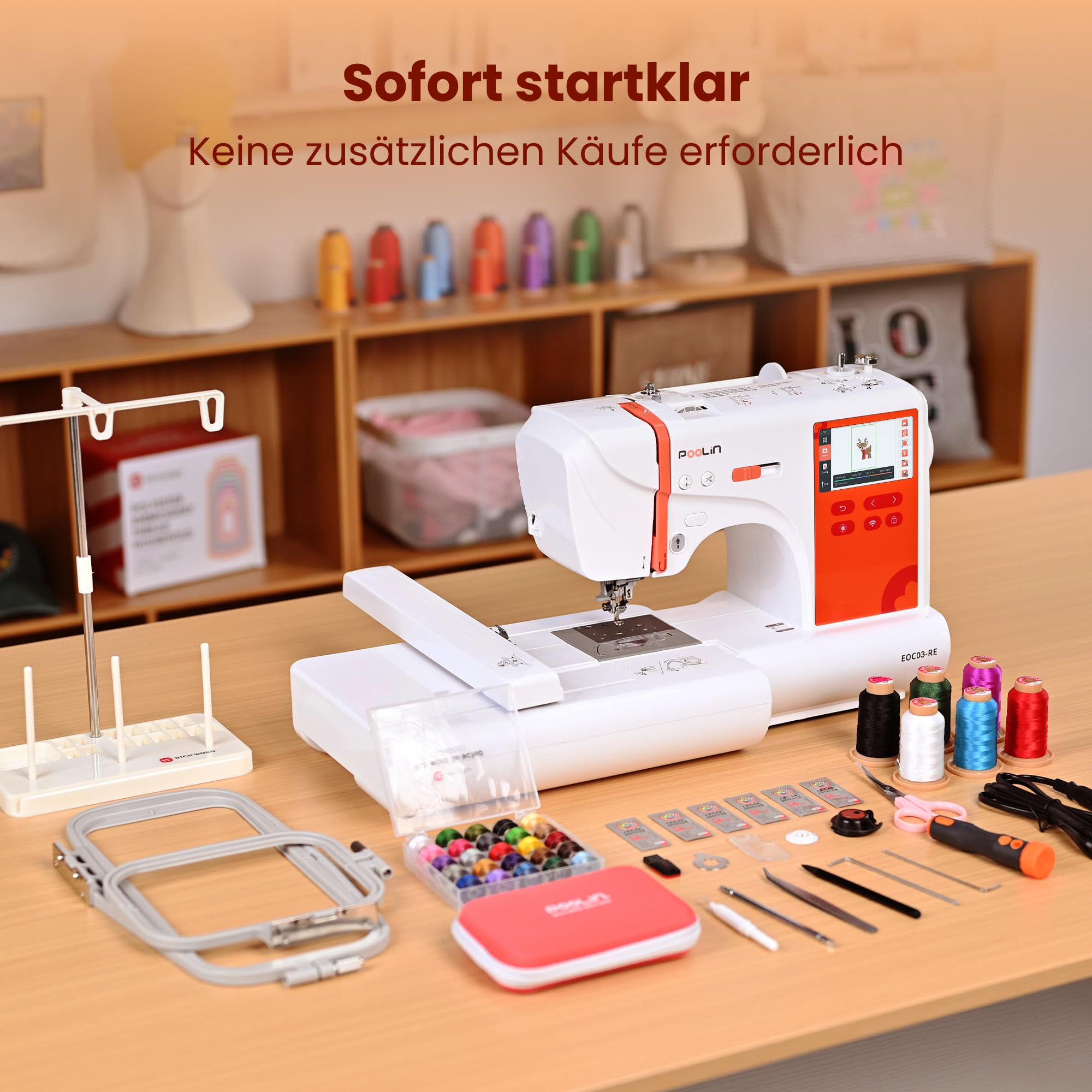PooLin EOC03 Stickmaschine – Elektronisches Stickgerät – 4,3″ LCD-Touchscreen, Stickrahmen 10×10 cm und 10×23,5 cm, Musterimport per USB/WLAN, ideal für Anfänger und Fortgeschrittene.
