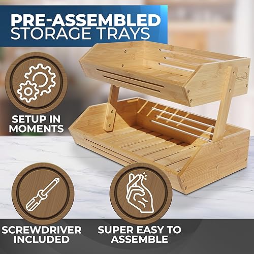 Miniatura 2 de Cesta de frutas de bambú de 2 niveles para encimera de cocina con ganchos para colgar plátanos, soporte de fruta de madera para encimera de cocina,