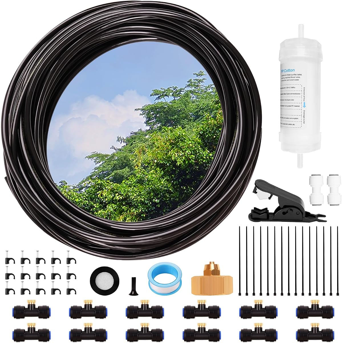 Misting Cooling System, 36FT (11M) Misting Line + 12 Brass Mist Nozzles + Water Filter + Brass Adapter(3/4") Outdoor Mister for Patio Garden Greenhouse Trampoline Coop (Blue)