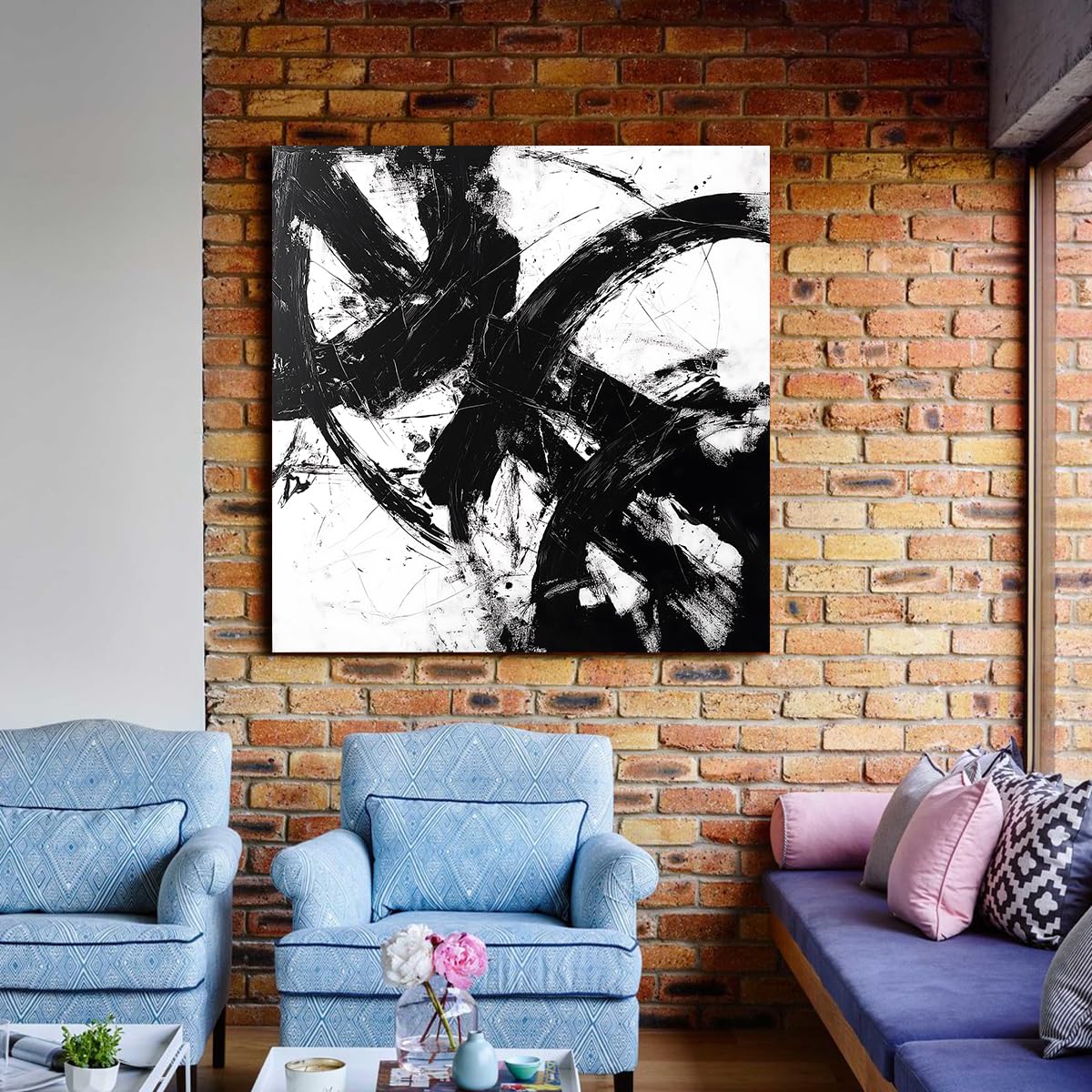 Affiches contemporaines Peinture à l’encre Toile Peinture Peinture murale Imprimé en noir et blanc Fresque encadrée Œuvres d’art pour chambre Chambre Chambre d’amis Décoration intérieure 40x40cm