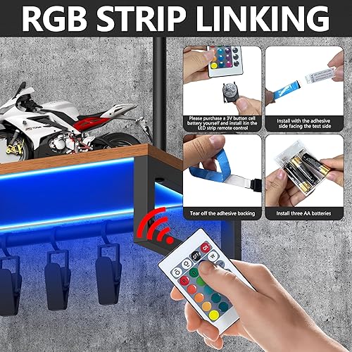 Miniatura 6 de Soporte de pared para casco, soporte para casco de motocicleta, exhibición de accesorios de motocicleta, estante para casco con tira de luces RGB