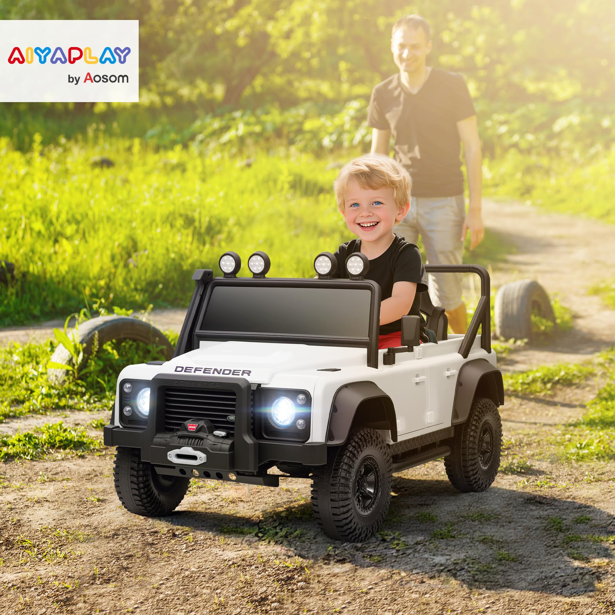 AIYAPLAY Coche Eléctrico para Niños con Licencia Land Rover 12V Coche de Batería para Niños con Control Remoto Sistema de Suspensión USB MP3 Velocidad Ajustable Faros Blanco