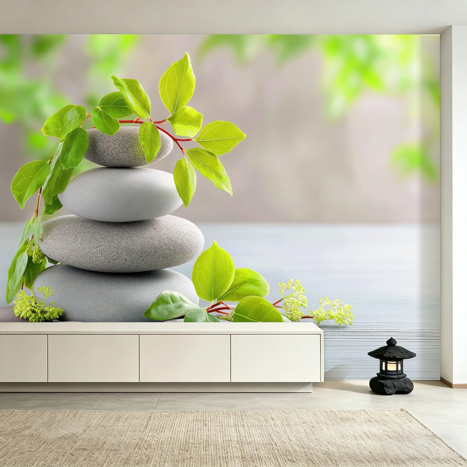 Minimalistyczna kojąca fototapeta, ułożone w stos kamienie, zielone liście, światło słoneczne, tapeta z włókniny, 200 x 140 cm, tapeta ścienna 3D, tapeta ścienna do salonu, kuchni, sypialni i pokoju
