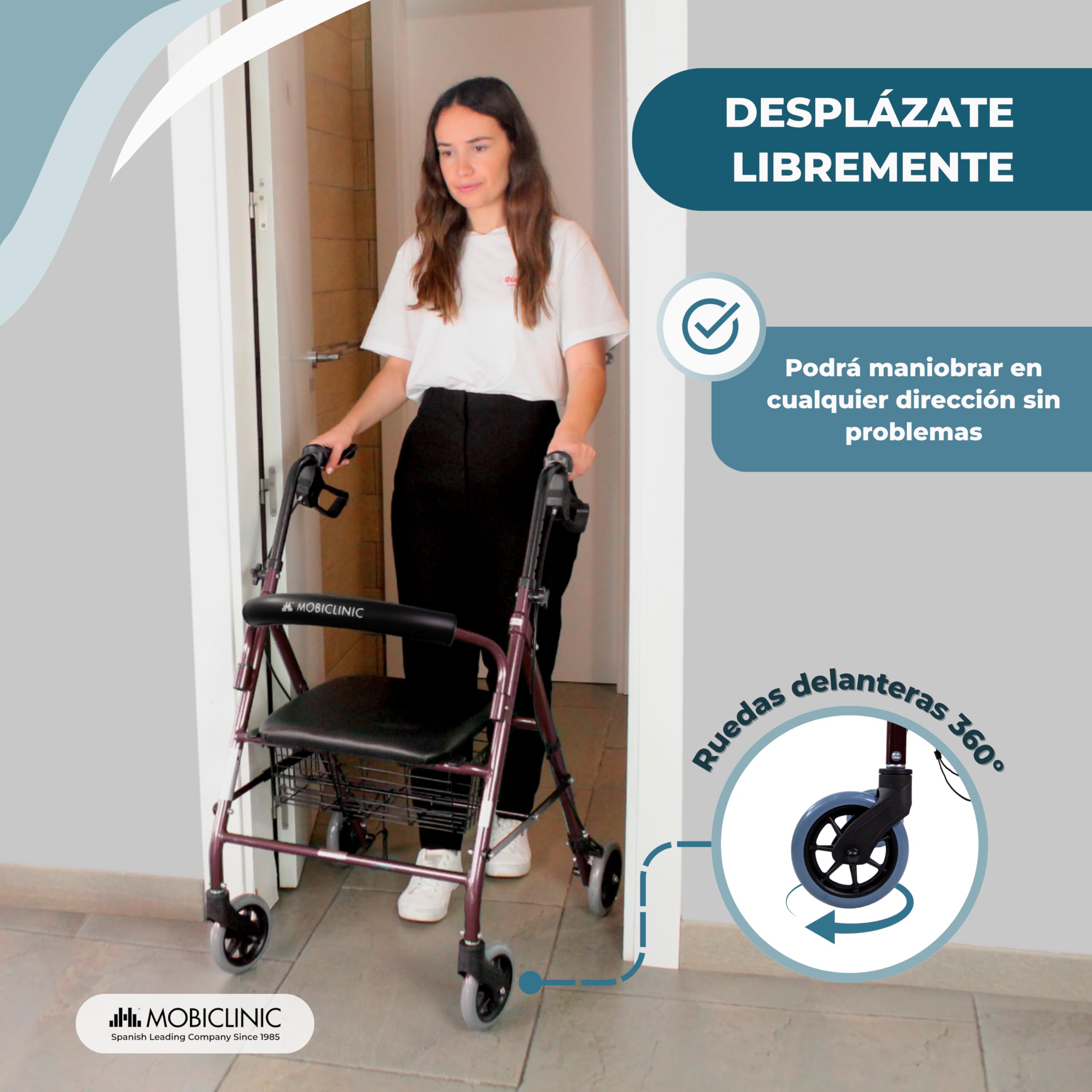 Mobiclinic®, Andador para Ancianos, Plegable, Regulable en Altura, Frenos Manuales y Bloqueables, Hasta 110 kg, con Cesta y Asiento, Ligero, Resistente, Aluminio, Escorial (Burdeos)