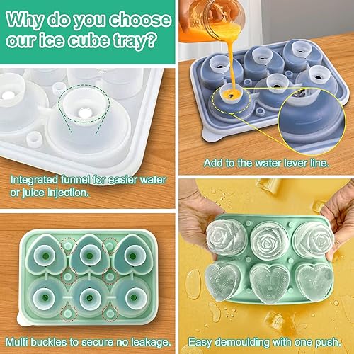 Miniatura 4 de Paquete de 2 moldes de silicona para cubitos de hielo, bandejas de hielo en forma de corazón 3D, moldes de cubitos de hielo negros con tapa