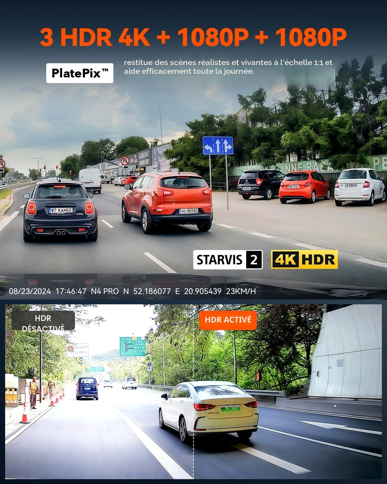 VANTRUE N4 Pro Dashcam Voiture 4K+1080P+1080P/3 HDR, STARVIS 2 Camera Embarquée 360 degrés, 5GHz WiFi GPS Dash Cam Infrarouge Avant Arrière, Commande Vocale en français, Mode Parking Tampon, Max 512G
