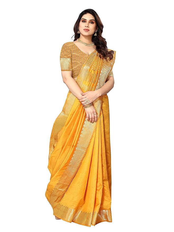Gold Solid Silk Saree With Unstitched Blouse Piece