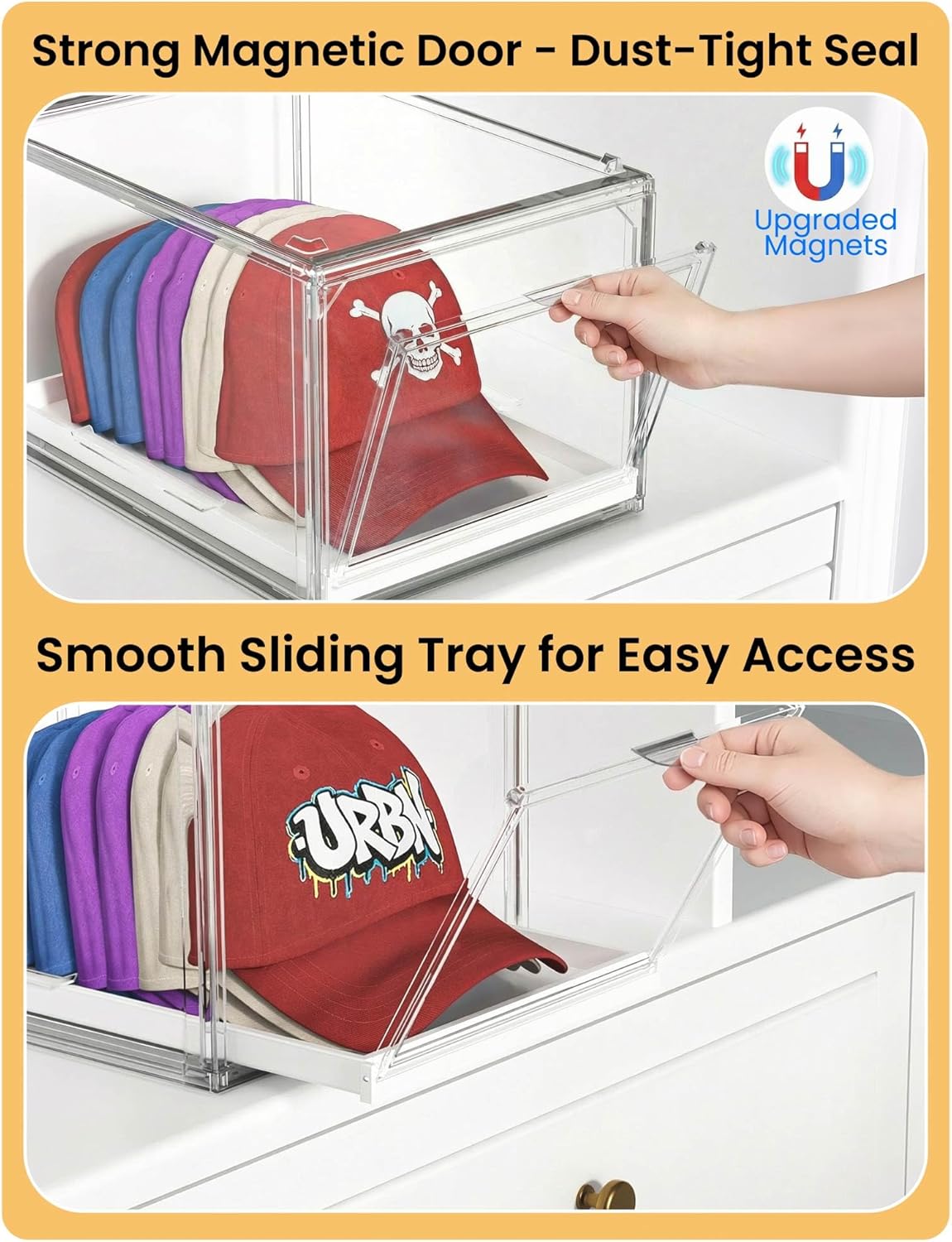 OKPOW Hat Organizer for Baseball Cap: 2 Pack Dust-Free Clear Stackable Hat Display Boxes with Magnetic Door & Sliding Tray, Holds up to 10 Caps, Keep Hat Shape in Closet, Tool-Free 5-Min Assemble