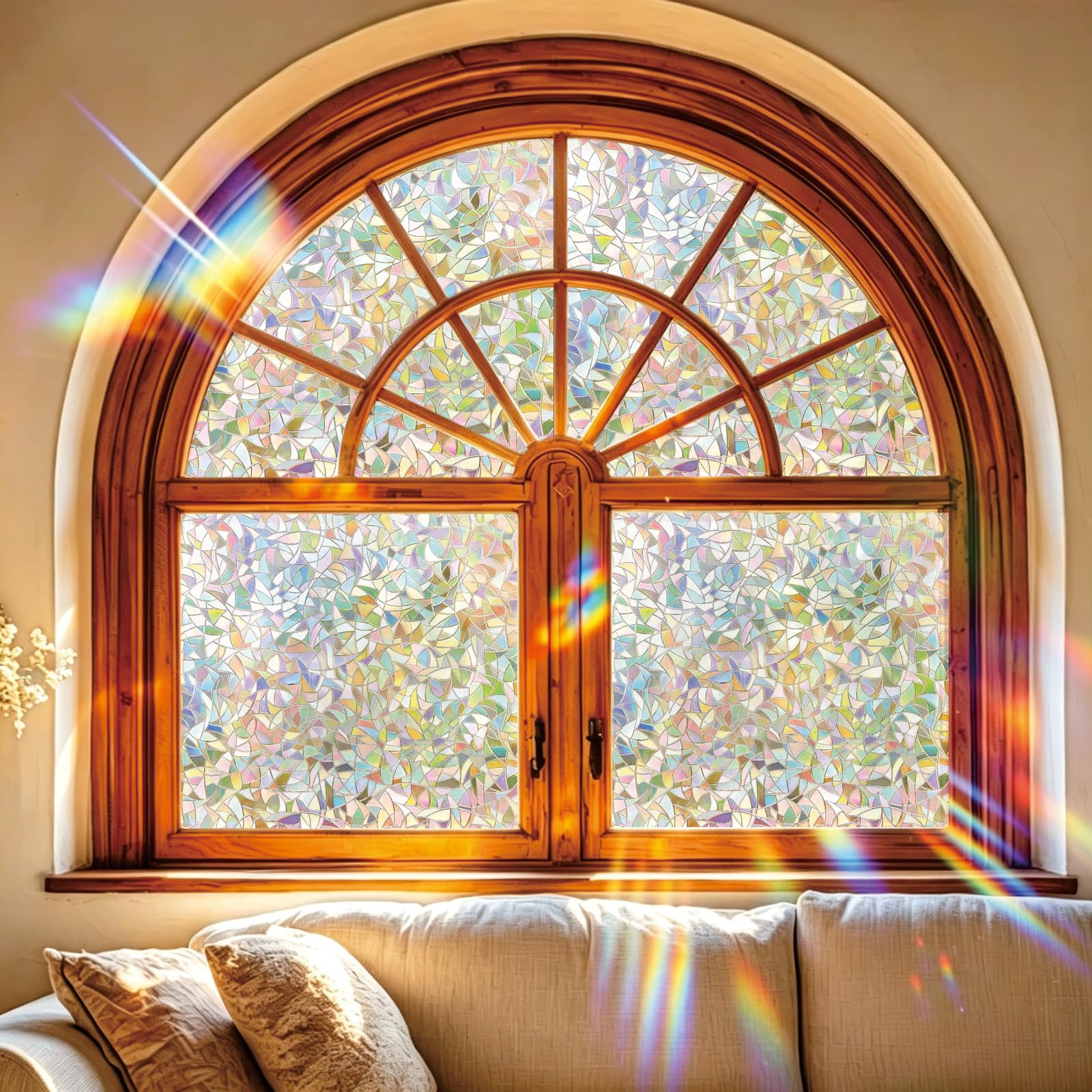 Rainbow Window Film 85 x 210 cm Blocks UV Static Cling No Glue Removable Heat Cotrol, Privacy Protection, Window Privacy Film with Rainbow Effect, for Kitchen, Crescent